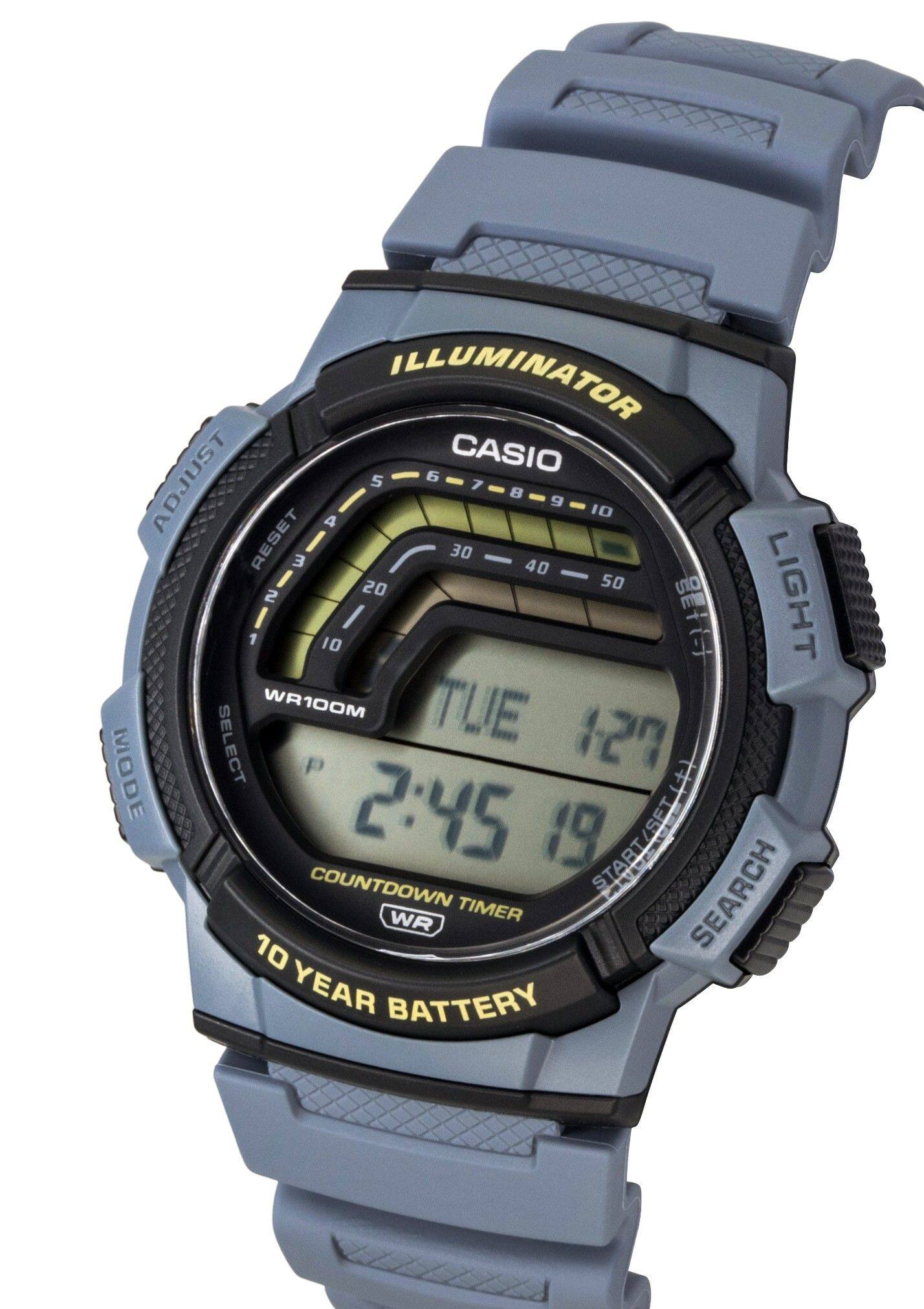 ILLUMINATOR 6  
CASIO  
ADJUST RESET 4 5 7 8 9 10 3 30 40 20 50 1 2 10  
LIGHT  
WR100M  
TUE 127  
2:45 19  
MODE SELECT P  
COUNTDOWN TIMER  
SEARCH WR  
10 YEAR BATTERY