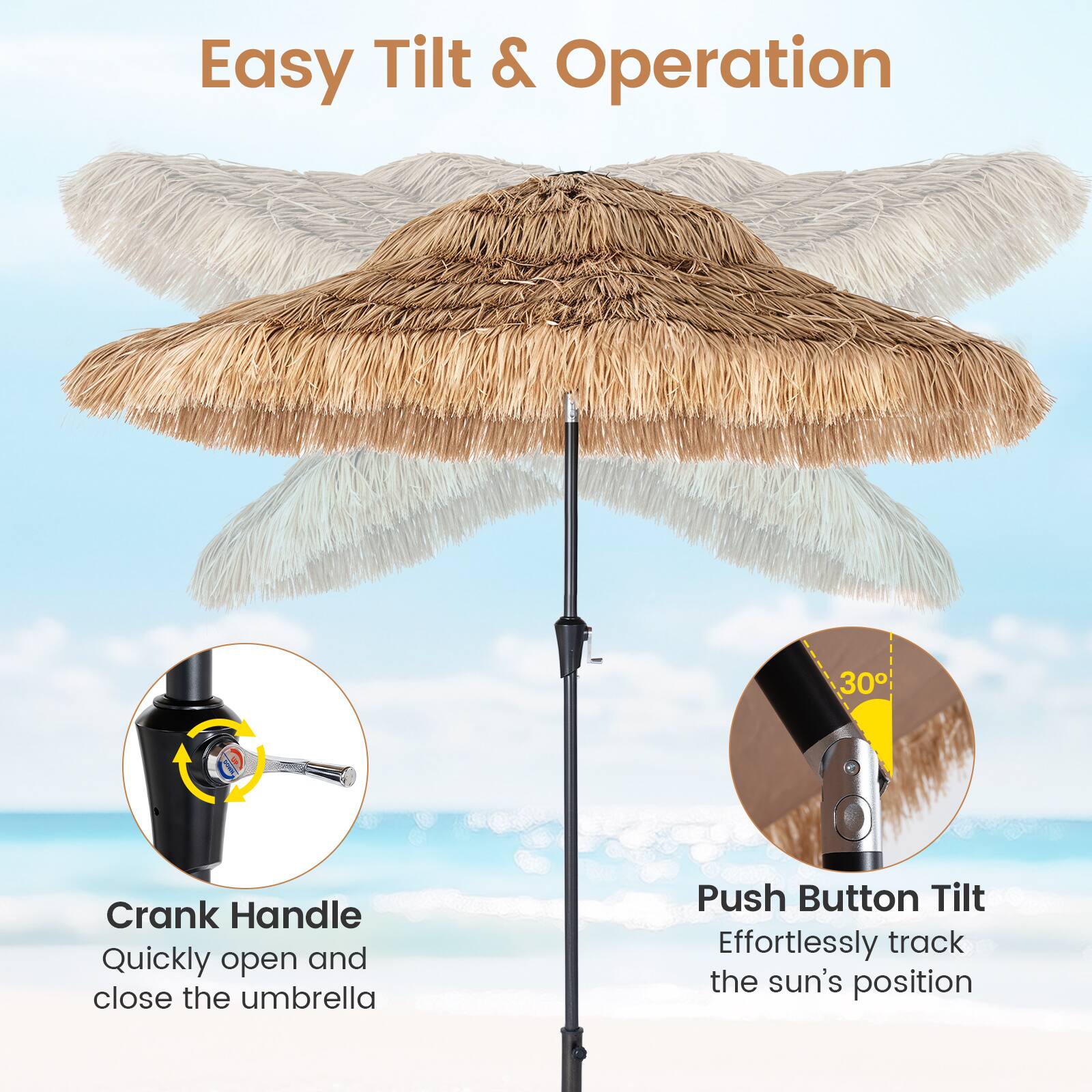 Easy Tilt & Operation

Crank Handle
Quickly open and close the umbrella

Push Button Tilt
Effortlessly track the sun's position