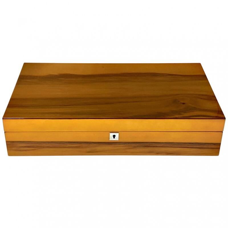 Angle. Prestige - Winchester Solid Wood humidor - High Lacquer Authentic Apple Wood Exterior Finish.