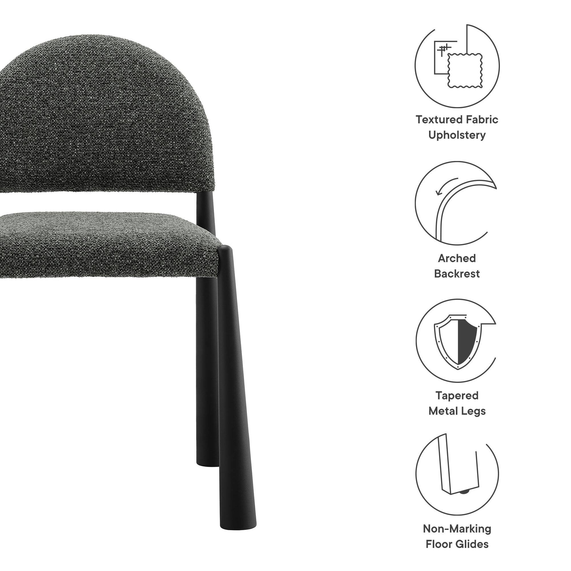 - Textured Fabric Upholstery
- Arched Backrest
- Tapered Metal Legs
- Non-Marking Floor Glides