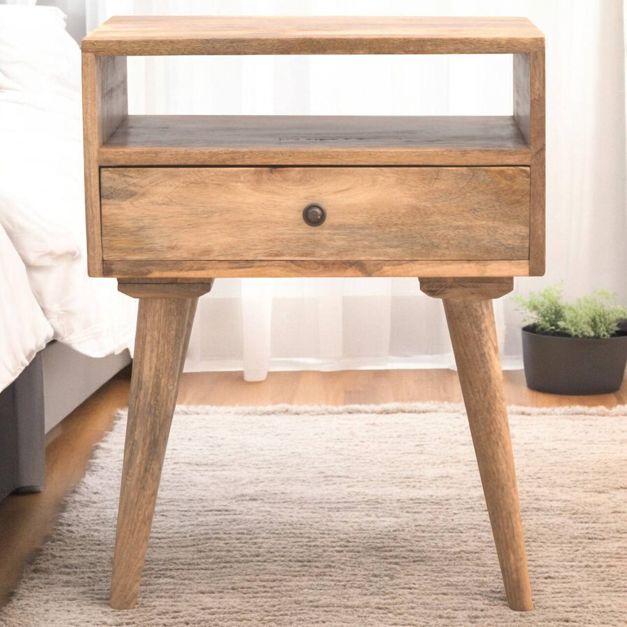 Angle. Artisan Furniture - Artisan Furniture Solid Wood Modern Nightstand with 1 Drawer, 1 Open Slot, Nordic Legs, Oak-ish, Light Brown - Oak.