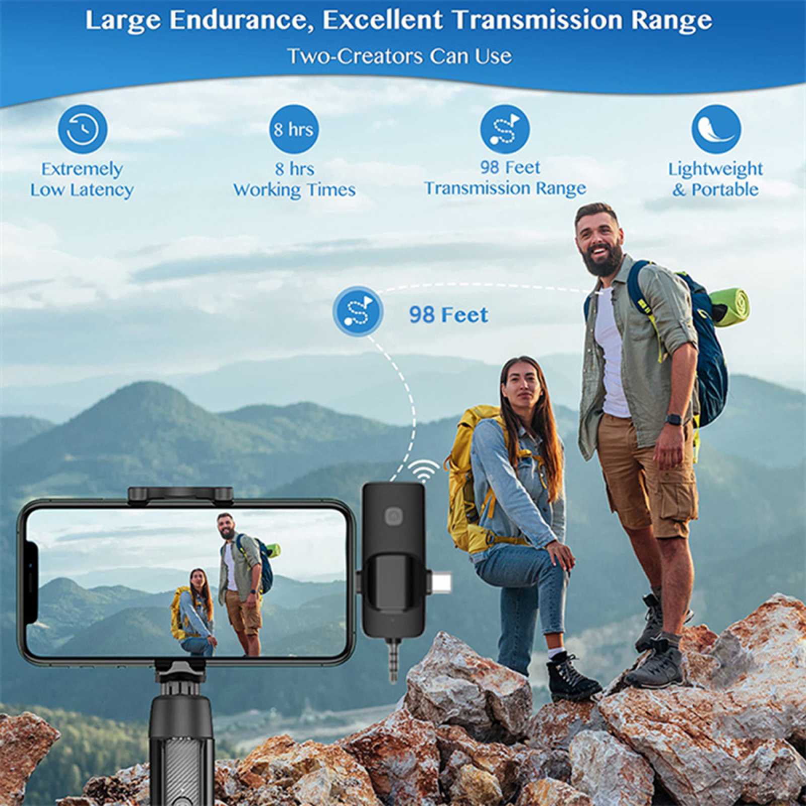 Large Endurance, Excellent Transmission Range  
Two-Creators Can Use  

- Extremely Low Latency  
- 8 hrs Working Times  
- 98 Feet Transmission Range  
- Lightweight & Portable