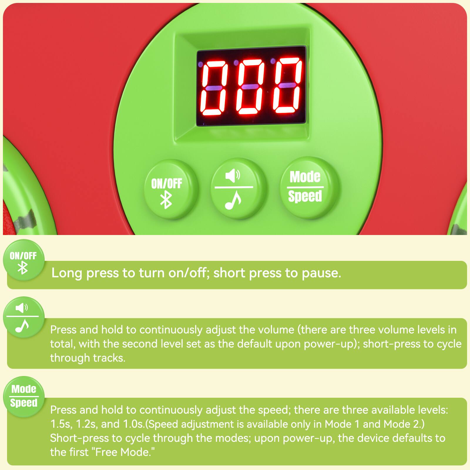 888 ON/OFF Mode Speed

ON/OFF
Long press to turn on/off; short press to pause.

Mode Speed
Press and hold to continuously adjust the volume (there are three volume levels in total, with the second level set as the default upon power-up); short-press to cycle through tracks.

Mode Speed
Press and hold to continuously adjust the speed; there are three available levels: 1.5s, 1.2s, and 1.0s. (Speed adjustment is available only in Mode 1 and Mode 2.) Short-press to cycle through the modes; upon power-up, the device defaults to the first "Free Mode."