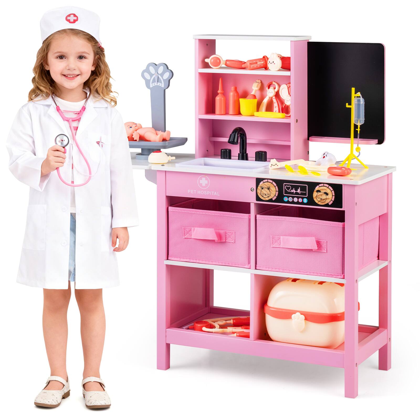 Gymax - Play Doctor's Office w/Blackboard Pet Scale Faucet Folding Tabletop Drawers - Pink price history on PriceWatchPro