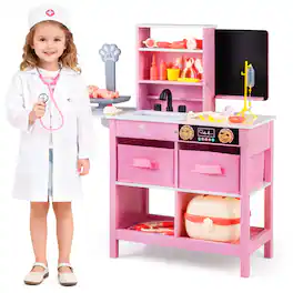 Gymax - Play Doctor's Office w/Blackboard Pet Scale Faucet Folding Tabletop Drawers - Pink