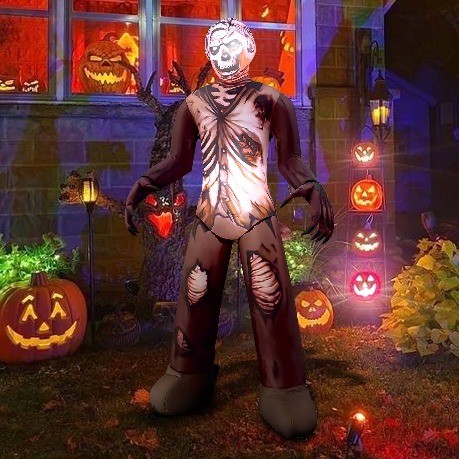 Angle. GOOSH Inflatables - GOOSH 6FT Inflatable Zombie Skeleton – Light-Up Halloween Yard Decoration - Brown.