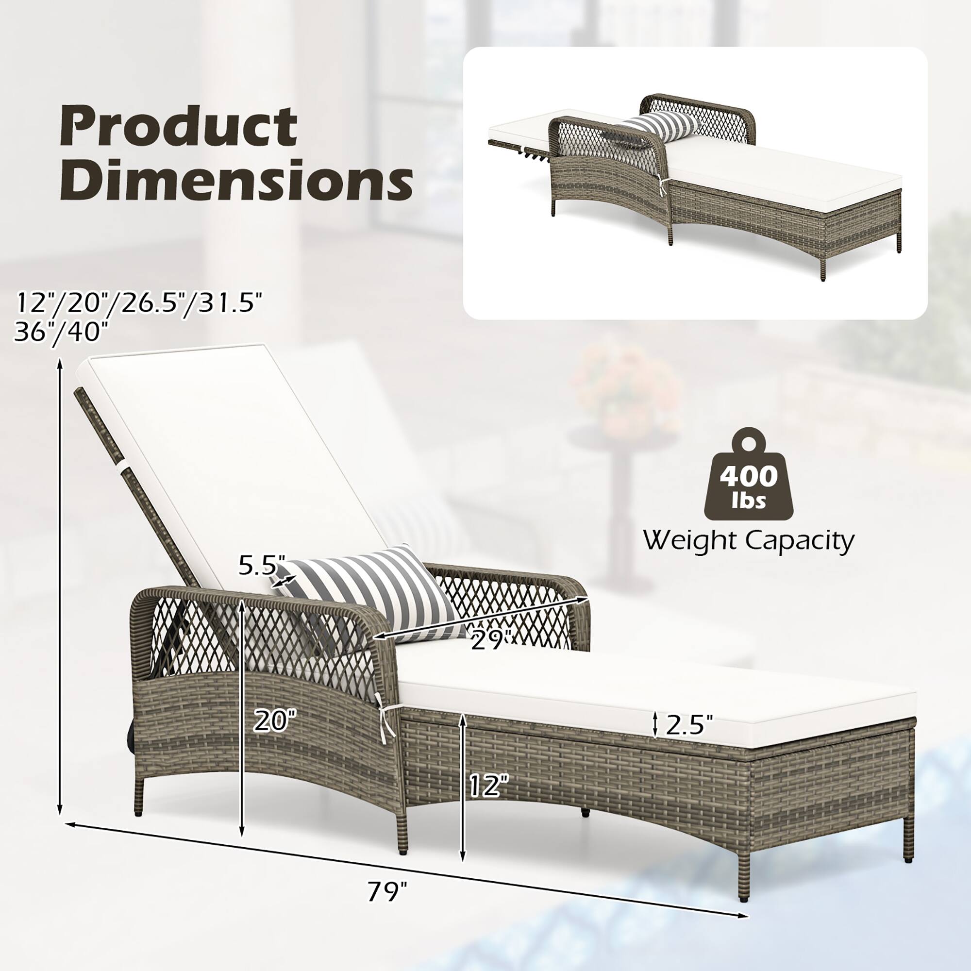 Product Dimensions 12/20/26.5"/31.5" 36/40" 5.5" 400 lbs Weight Capacity 29XXXX 20 2.5" 12 79"