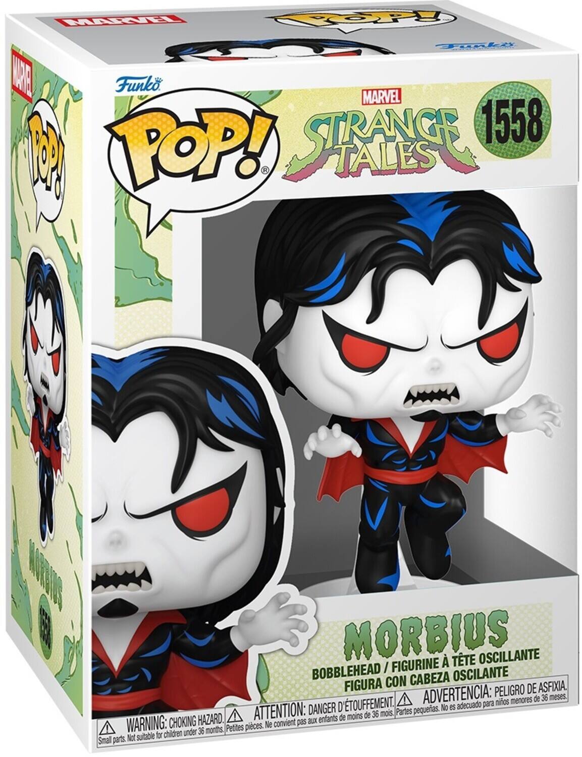 MARVEL STRANGE TALES 1558  
Funko POP!  
MORBIUS  
BOBBLEHEAD / FIGURINE À TÊTE OSCILLANTE  
FIGURA CON CABEZA OSCILANTE  
WARNING: CHOKING HAZARD. Small parts. Not suitable for children under 36 months.  
ADVERTENCIA: PEQUEÑAS PIEZAS. NO ES ADECUADO PARA NIÑOS MENORES DE 36 MESES.  
ATTENTION: DANGER D'ÉTOUFFEMENT. Ne convient pas aux enfants de moins de 36 mois.  
PELIGRO DE ASFIXIA.