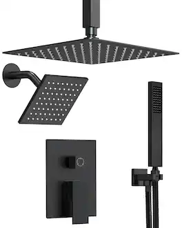 GRANDJOY - Dual Shower System with 10" Ceiling Rain Head, Handheld Sprayer, and Pressure Balance Valve for Modern Bathroom - Matte Black