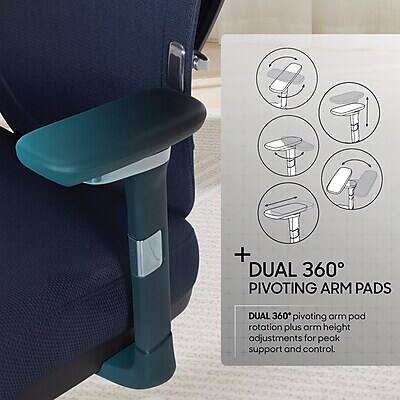 + DUAL 360° PIVOTING ARM PADS  
DUAL 360° pivoting arm pad rotation plus arm height adjustments for peak support and control.