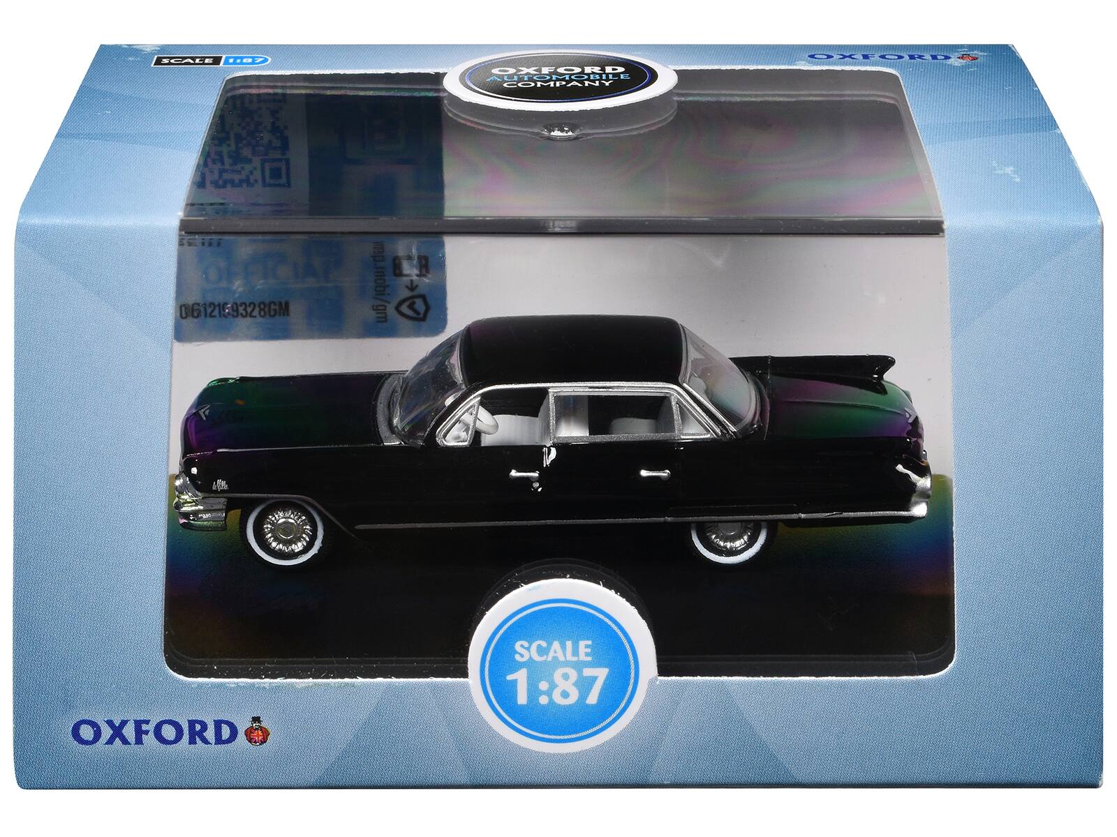 1961 Cadillac Sedan DeVille Ebony Black with White Interior 1/87 (HO) Scale Diecast Model Car by Oxford Diecast - Black And White