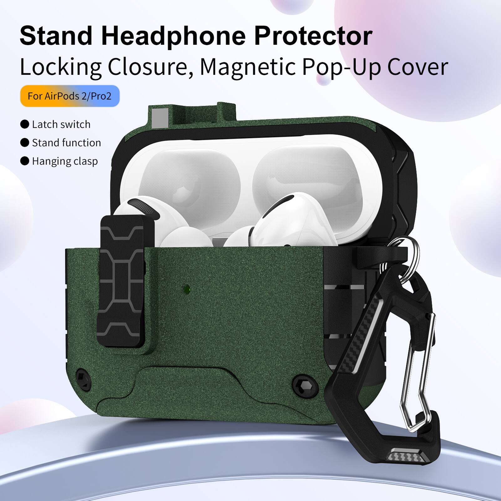 Stand Headphone Protector  
Locking Closure, Magnetic Pop-Up Cover  
For AirPods 2/Pro2  

- Latch switch  
- Stand function  
- Hanging clasp
