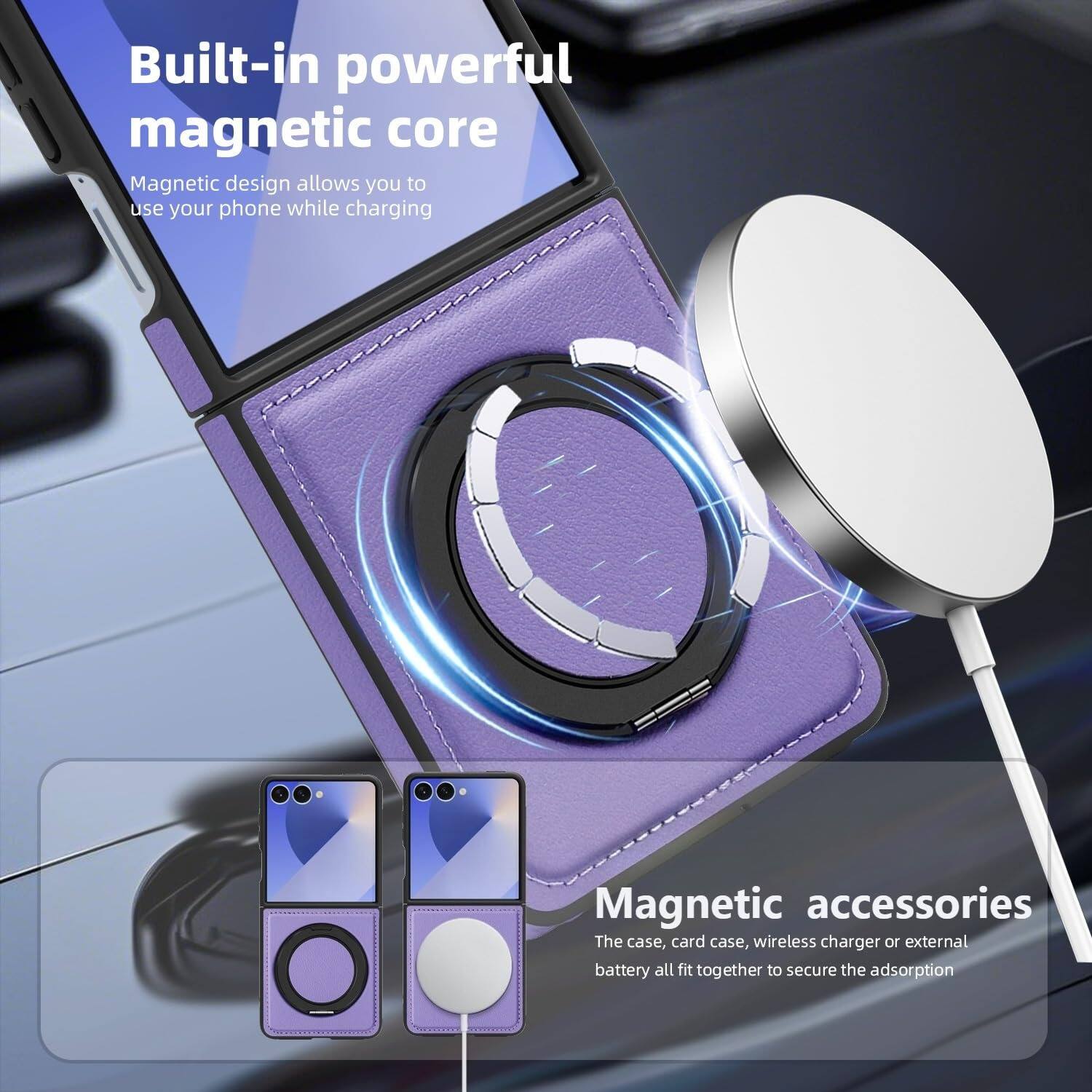 Built-in powerful magnetic core  
Magnetic design allows you to use your phone while charging  

Magnetic accessories  
The case, card case, wireless charger or external battery all fit together to secure the adsorption