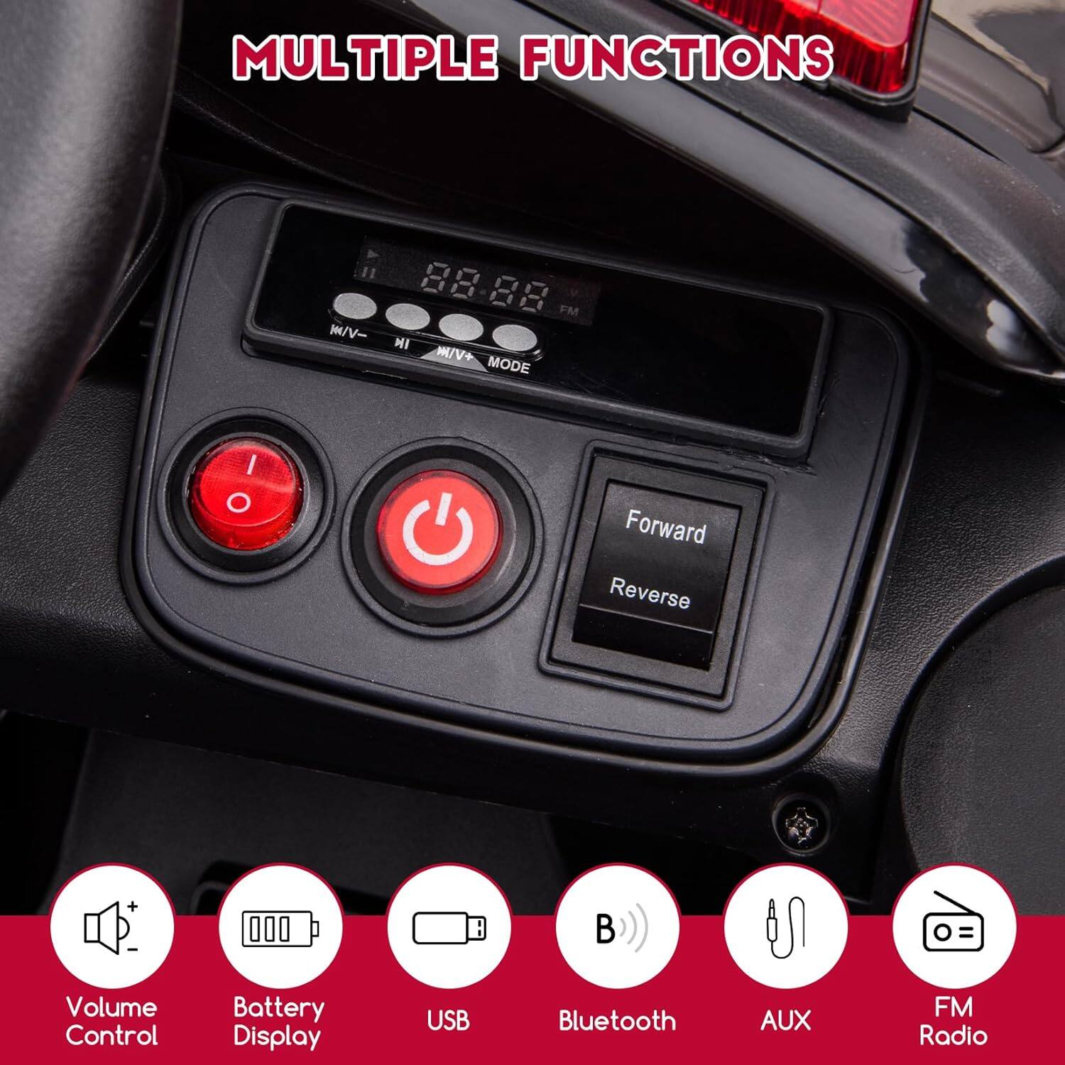 MULTIPLE FUNCTIONS

- Volume Control
- Battery Display
- USB
- Bluetooth
- AUX
- FM Radio