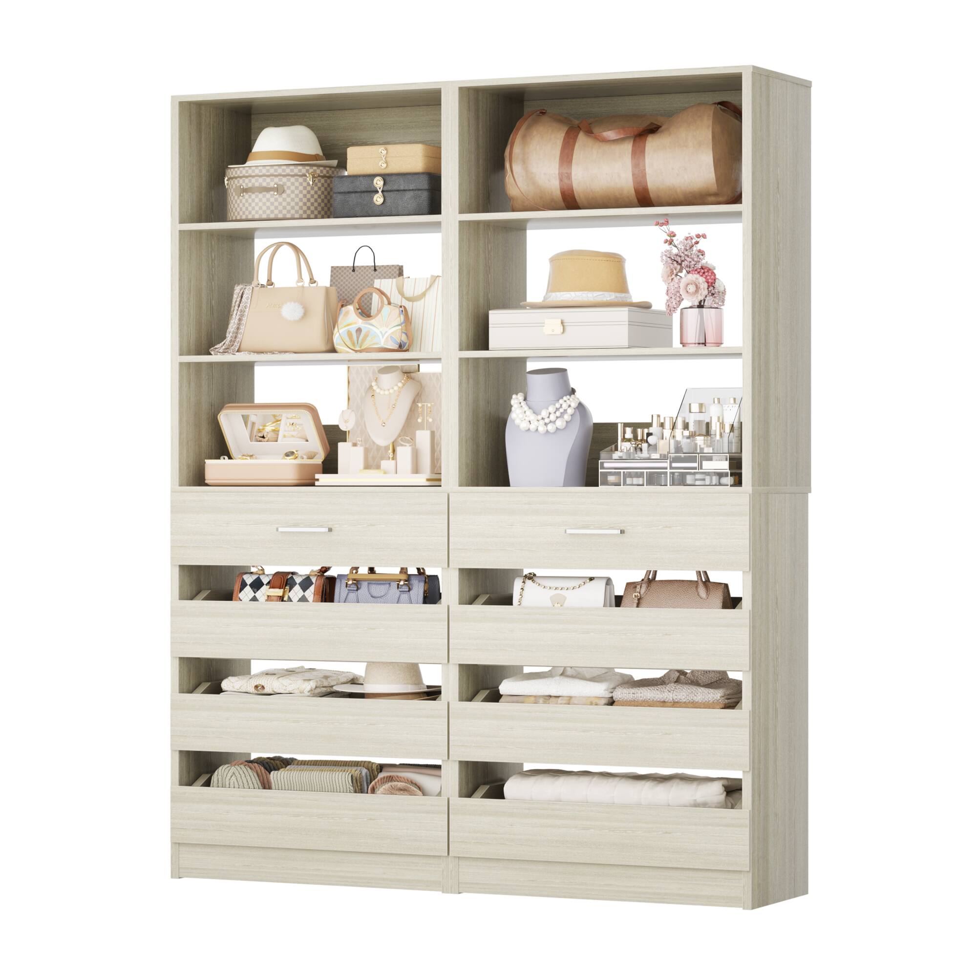 Alt View 3. Aheaplus - 2 Pack-Premium Wood Pantry Cabinet: 4 Drawers, 3 Shelves, Wall-Fit Design for Organized Kitchen Storage - White Oak.