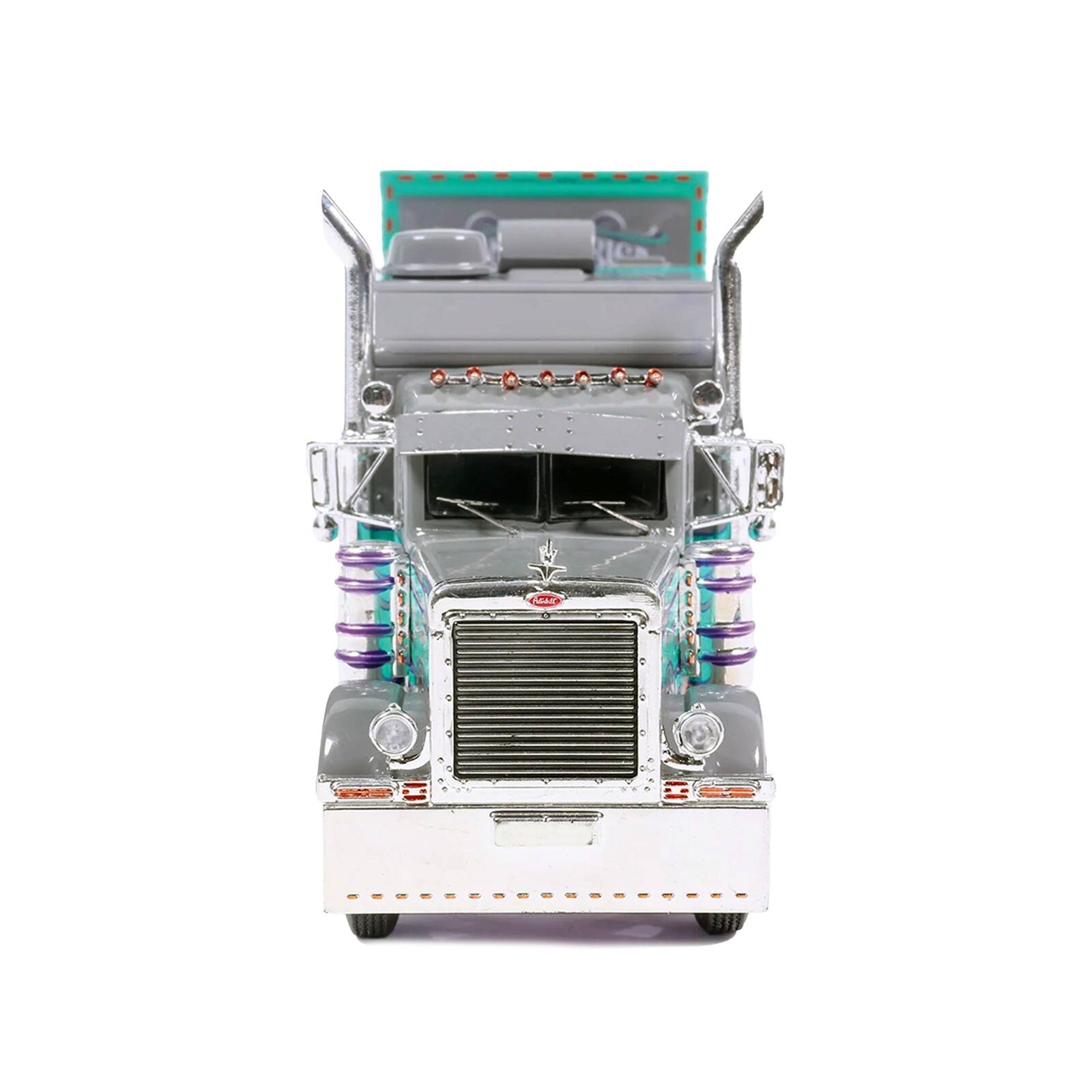 Alt View 4. IXO - Peterbilt 379 Truck with Sleeper and Dry Goods Trailer Gray with Seafoam Green Graphics 1/64 Diecast Model by IXO Models.