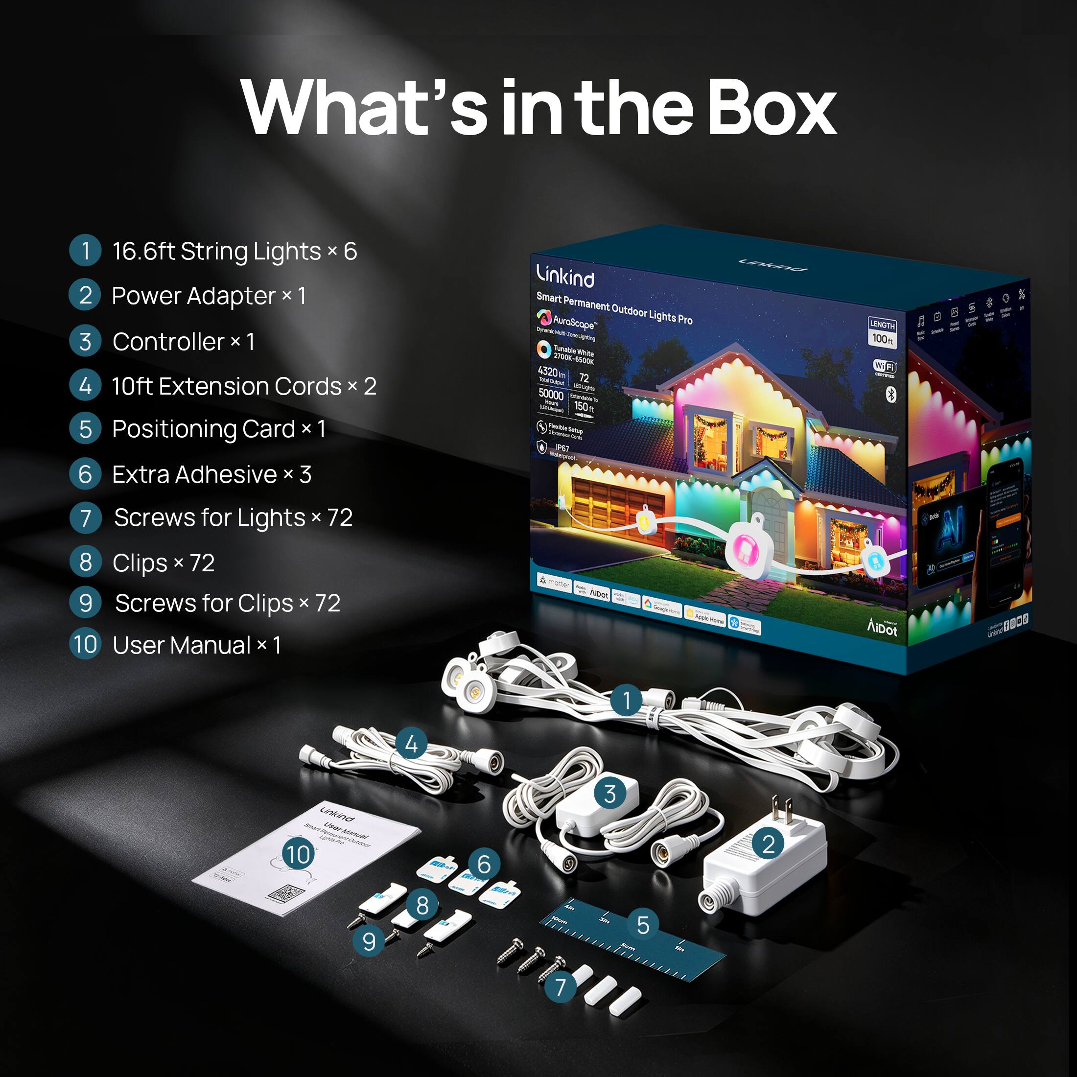 What's in the Box

1. 16.6ft String Lights x 6
2. Power Adapter x 1
3. Controller x 1
4. 10ft Extension Cords x 2
5. Positioning Card x 1
6. Extra Adhesive x 3
7. Screws for Lights x 72
8. Clips x 72
9. Screws for Clips x 72
10. User Manual x 1

Linkind Smart Permanent Outdoor Lights AuroScope Pro - nT Saado - 4300m 12 - 50000 - 150 - P n LENITE 100% WA

Patoa Albot UEM O9CO 1 Leno nothio