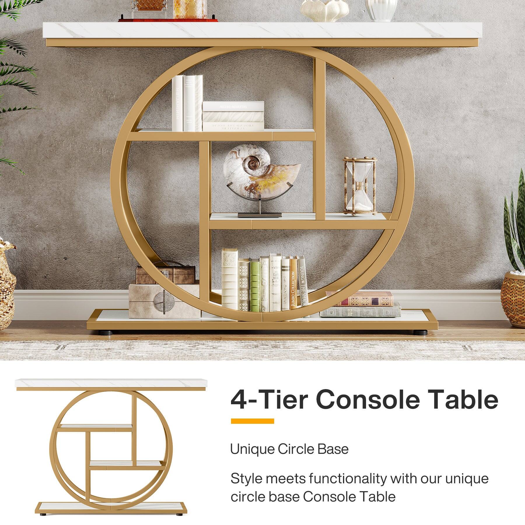 100% TONSTAS  
THE SROUND TURNITURI  
ONIO  
4-Tier Console Table  
Unique Circle Base  
Style meets functionality with our unique circle base Console Table