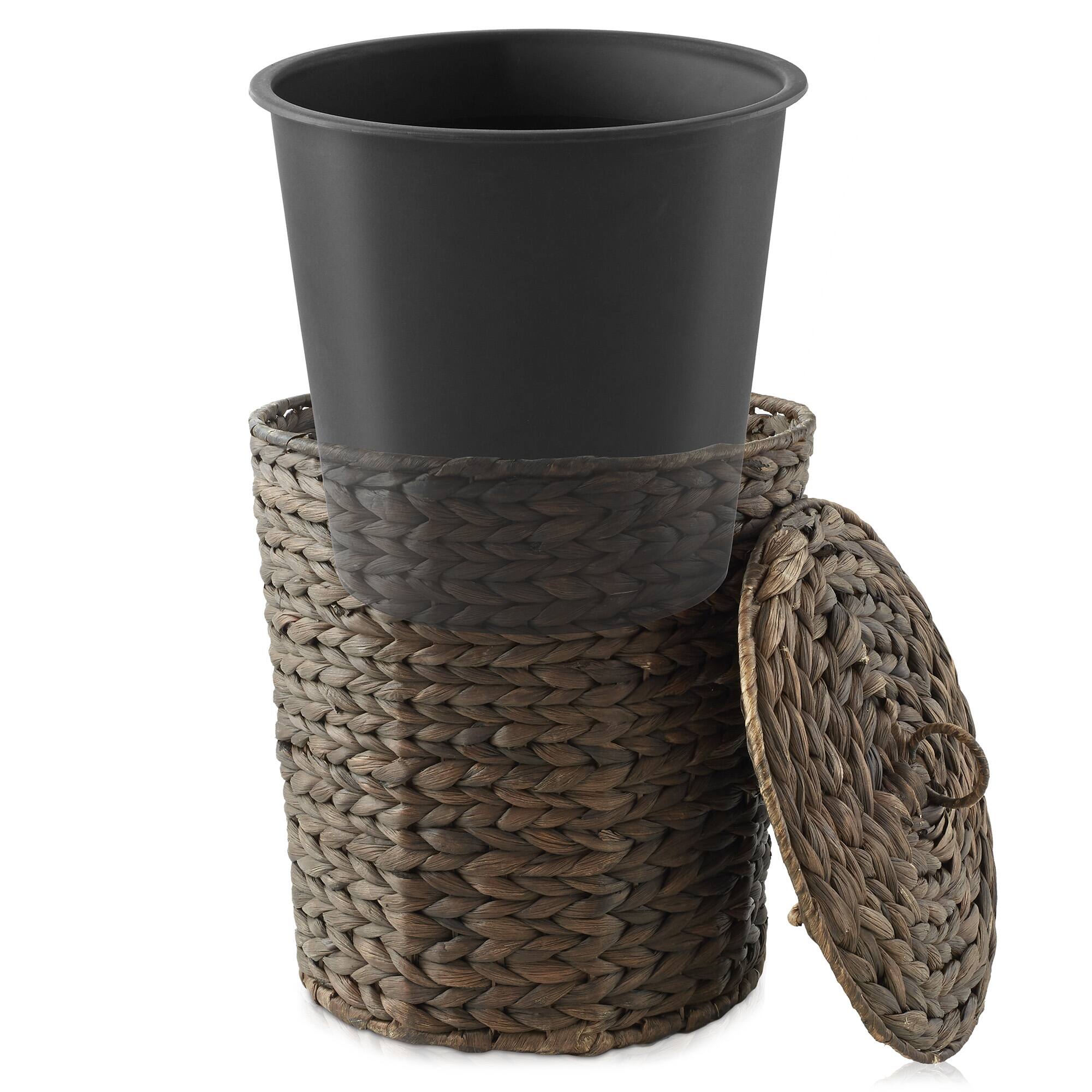 Alt View 2. Casafield - Water Hyacinth Waste Basket with Lid - Woven Trash Can - Espresso.