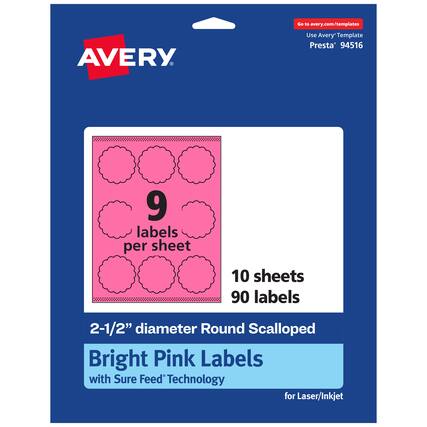 Go to avery.com/templates
AVERY
Use Avery Template Presta 94516
9 labels per sheet
10 sheets
90 labels
2-1/2" diameter Round Scalloped
Bright Pink Labels with Sure Feed Technology for Laser/Inkjet
