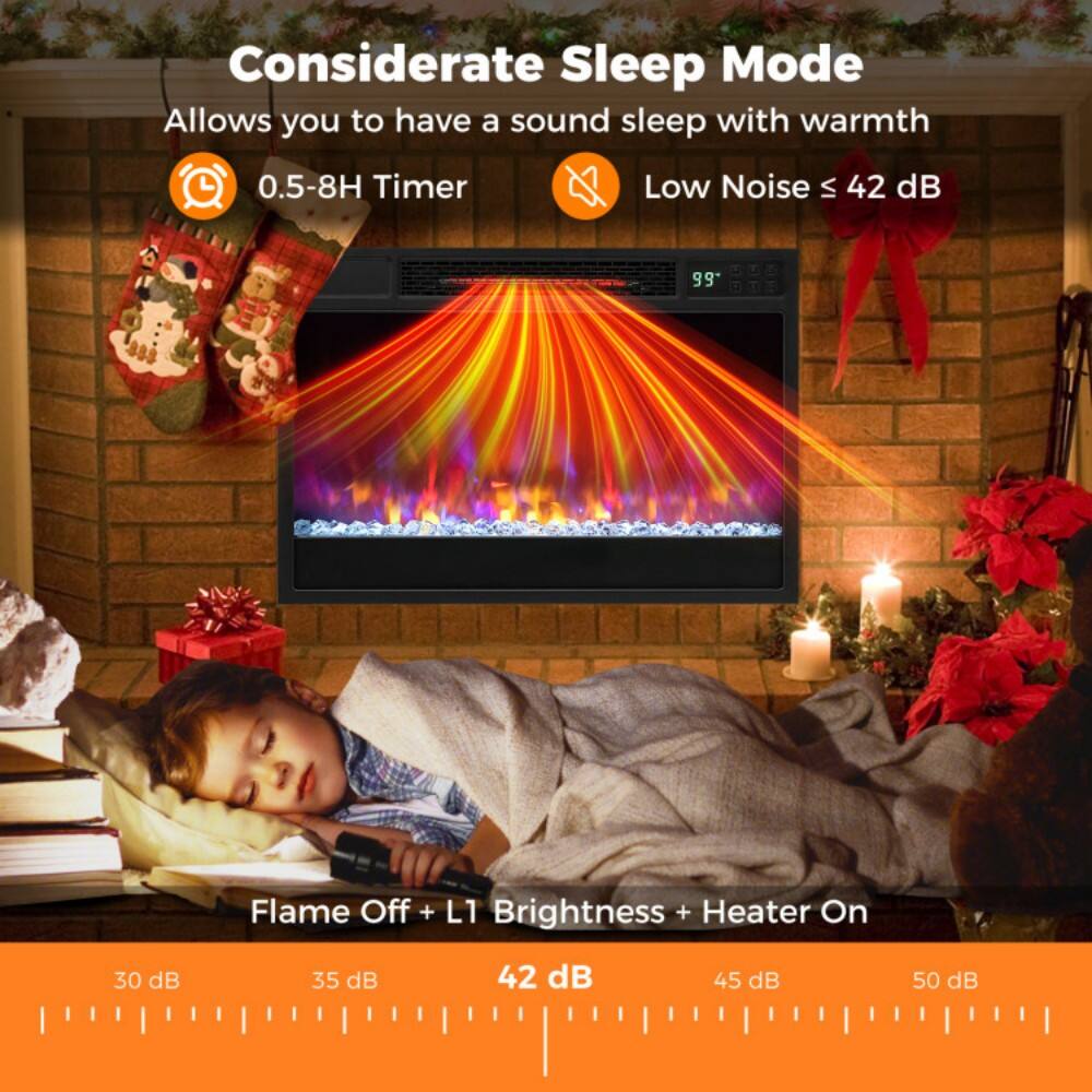 Considerate Sleep Mode  
Allows you to have a sound sleep with warmth  
0.5-8H Timer  
Low Noise ≤ 42 dB  

Flame Off + L1 Brightness + Heater On  

30 dB  35 dB  42 dB  45 dB  50 dB