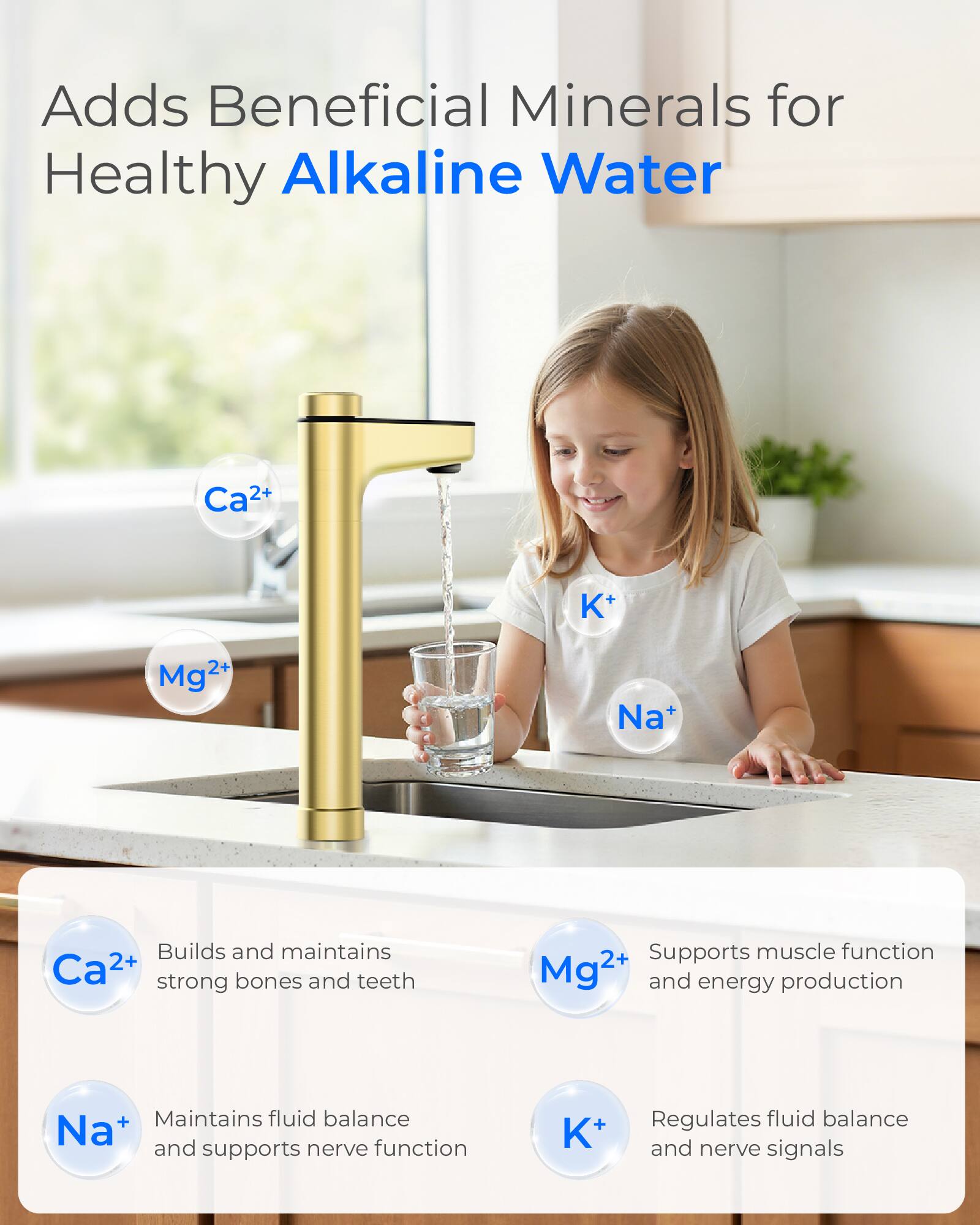 Adds Beneficial Minerals for Healthy Alkaline Water

Ca²⁺
K⁺
Mg²⁺
Na⁺

Builds and maintains Ca²⁺ strong bones and teeth
Supports muscle function Mg²⁺ and energy production
Maintains fluid balance Na⁺ and supports nerve function
K⁺
Regulates fluid balance and nerve signals
