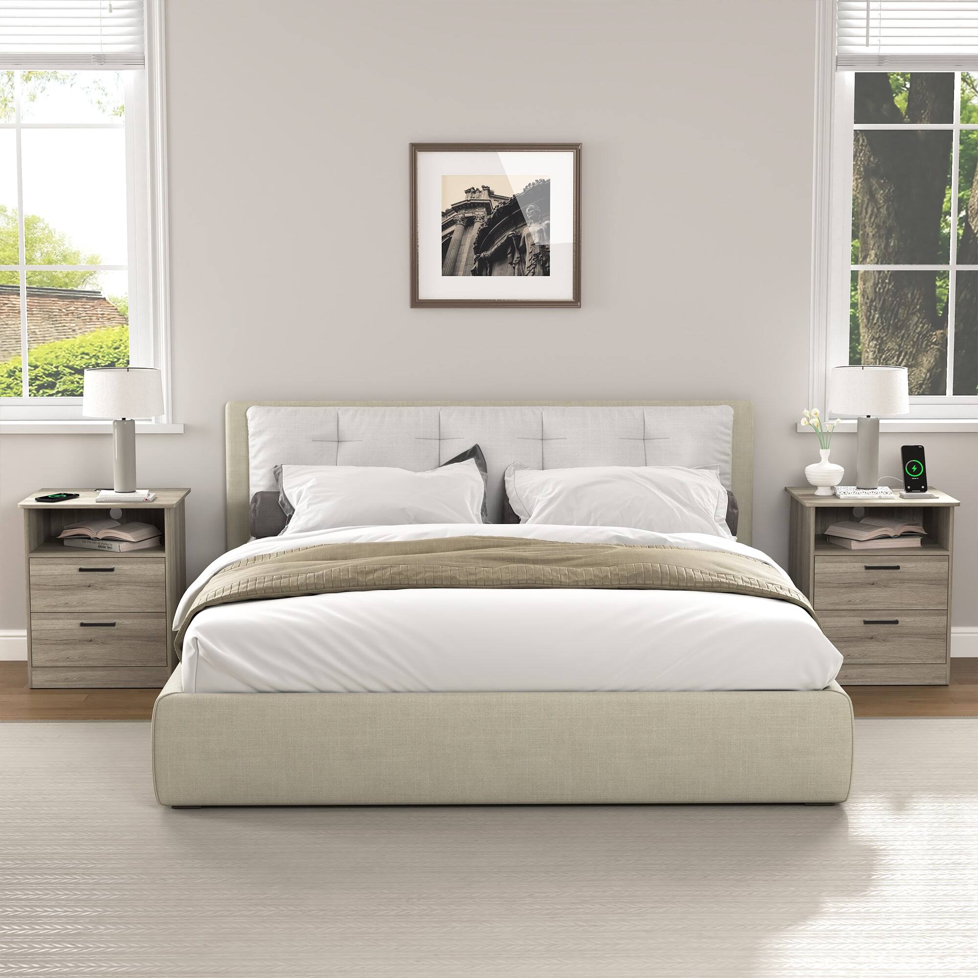 Alt View 1. Kadyn - Kadyn Wood Nightstand With Charging Station, Bedside Table With 2 Drawers, Bedroom, Gray - Gray.