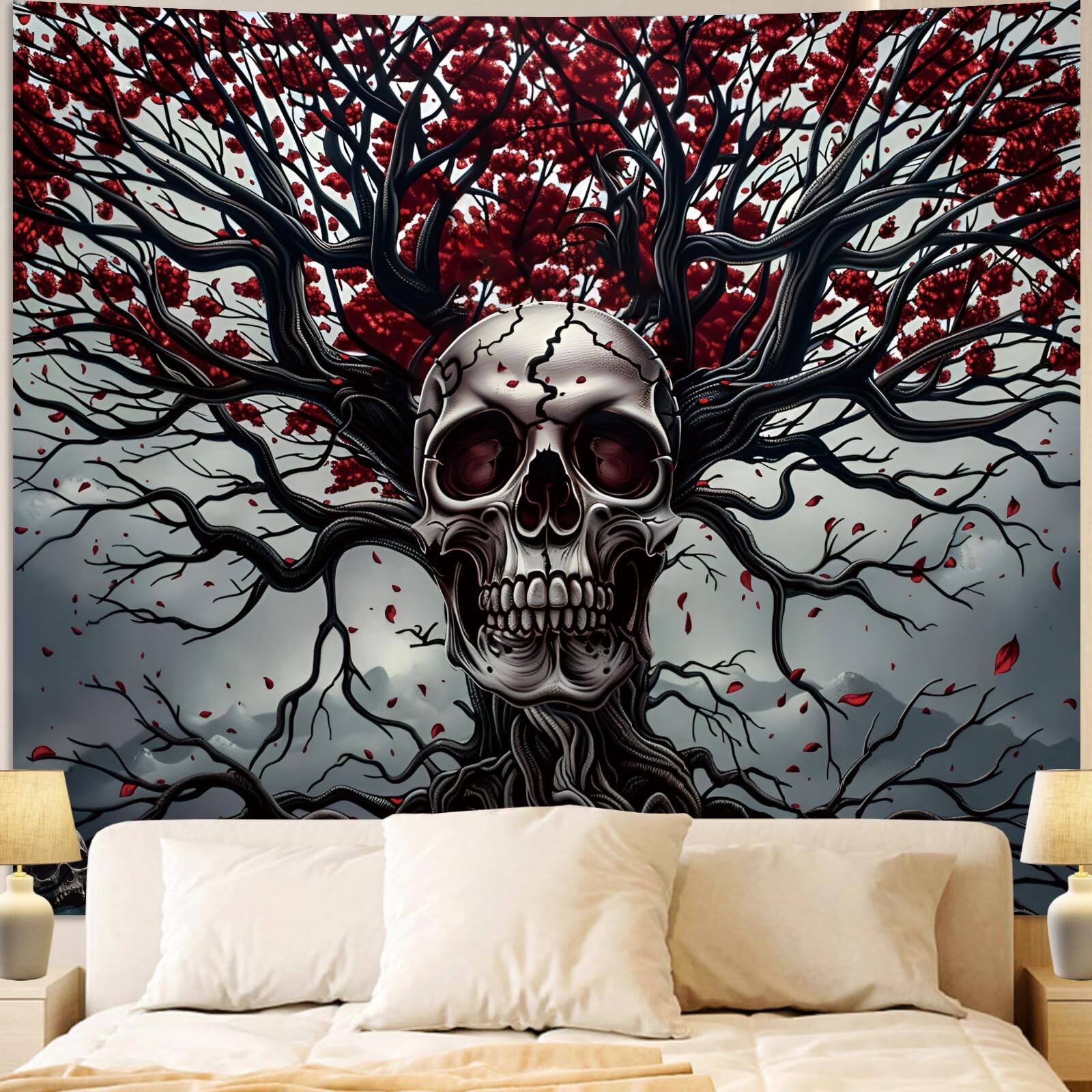 Front. Paradigms Interiors - And Goth Tapestry For Bedroom Gothic Skeleton Wall Tapestries Aesthetic Ghost Rider Night Sky Moon Dark Han... - skull tapestry-60L" x 51W".