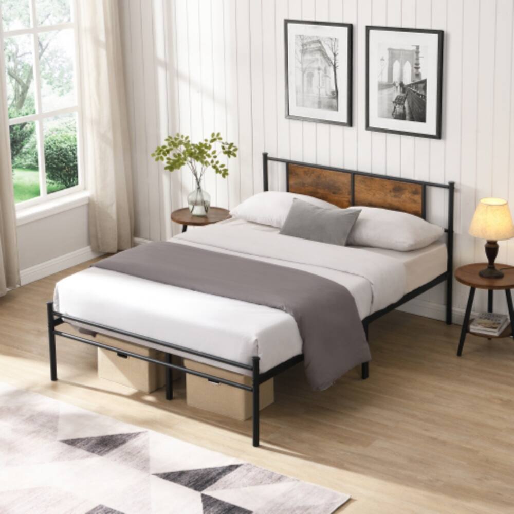 Angle. LUCKY ONE - Queen Size Metal Bed Frame with Wood Panel Headboard, Steel Structure, No Box Spring Needed, 10.8in Under-Bed Storage - Black+Brown.
