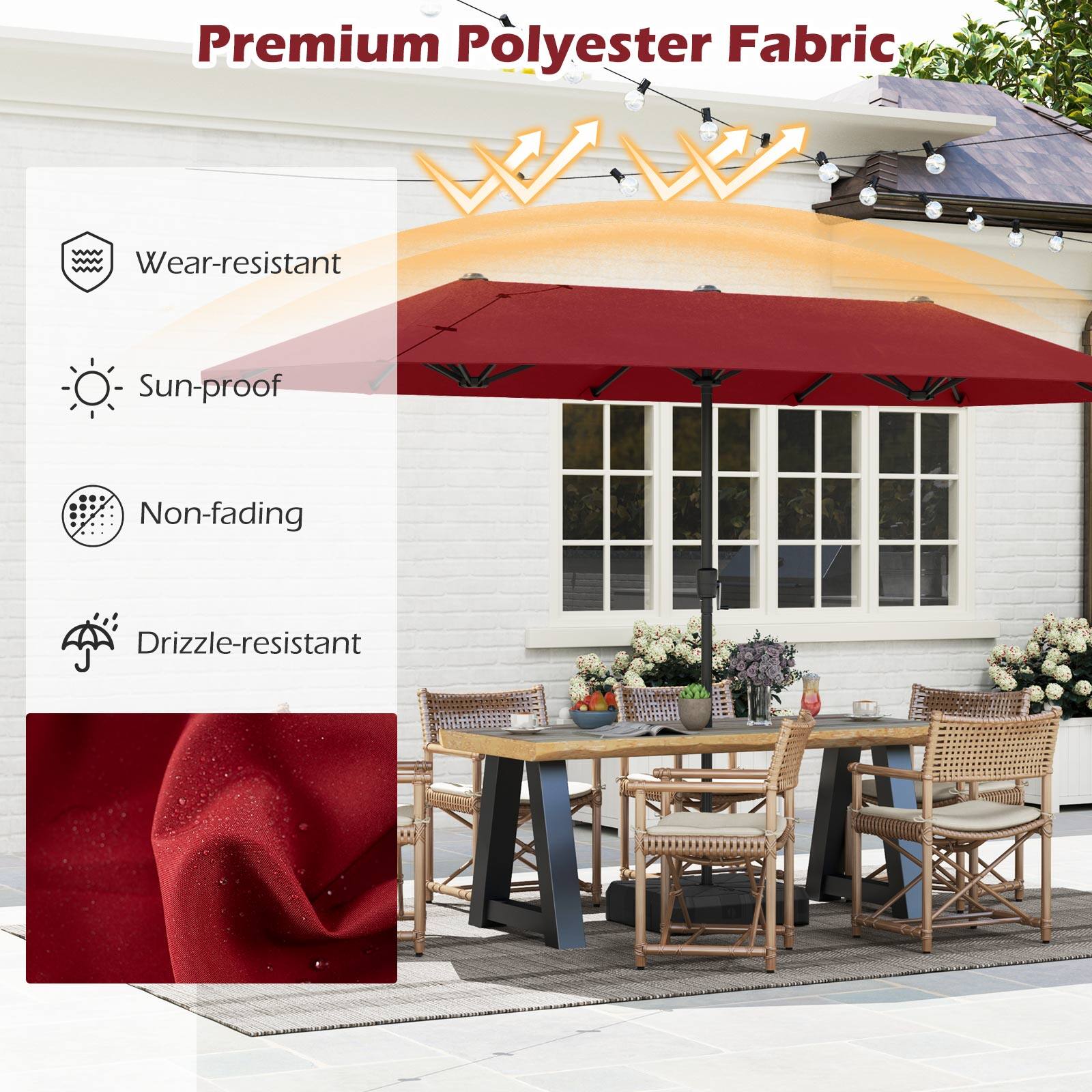 Premium Polyester Fabric
Wear-resistant
Sun-proof
Non-fading
Drizzle-resistant