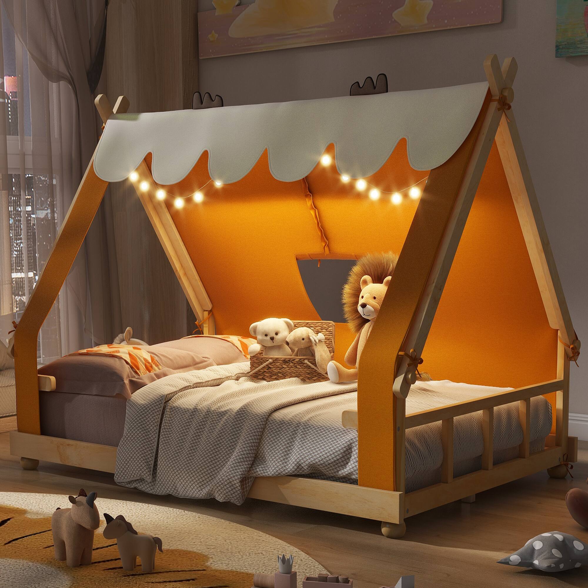Angle. Anysun - Full Size House Bed with Tent and Light - Brown.