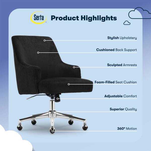 Serta Product Highlights: Stylish Upholstery, Cushioned Back Support, Sculpted Armrests, Foam-Filled Seat Cushion, Adjustable Comfort, Superior Quality, 360° Motion