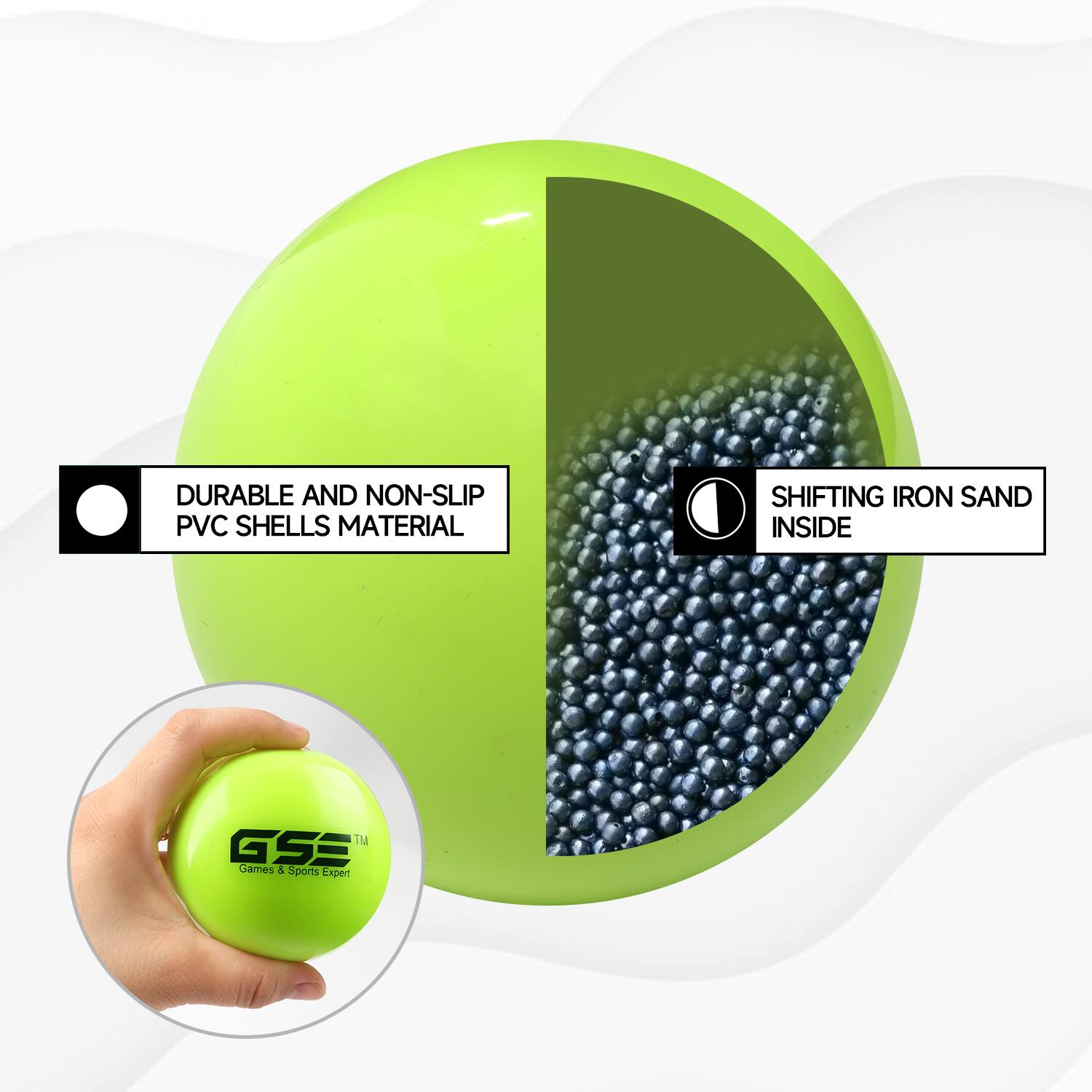 DURABLE AND NON-SLIP PVC SHELLS MATERIAL, SHIFTING IRON SAND INSIDE, TM GSE Games & Sports Expert