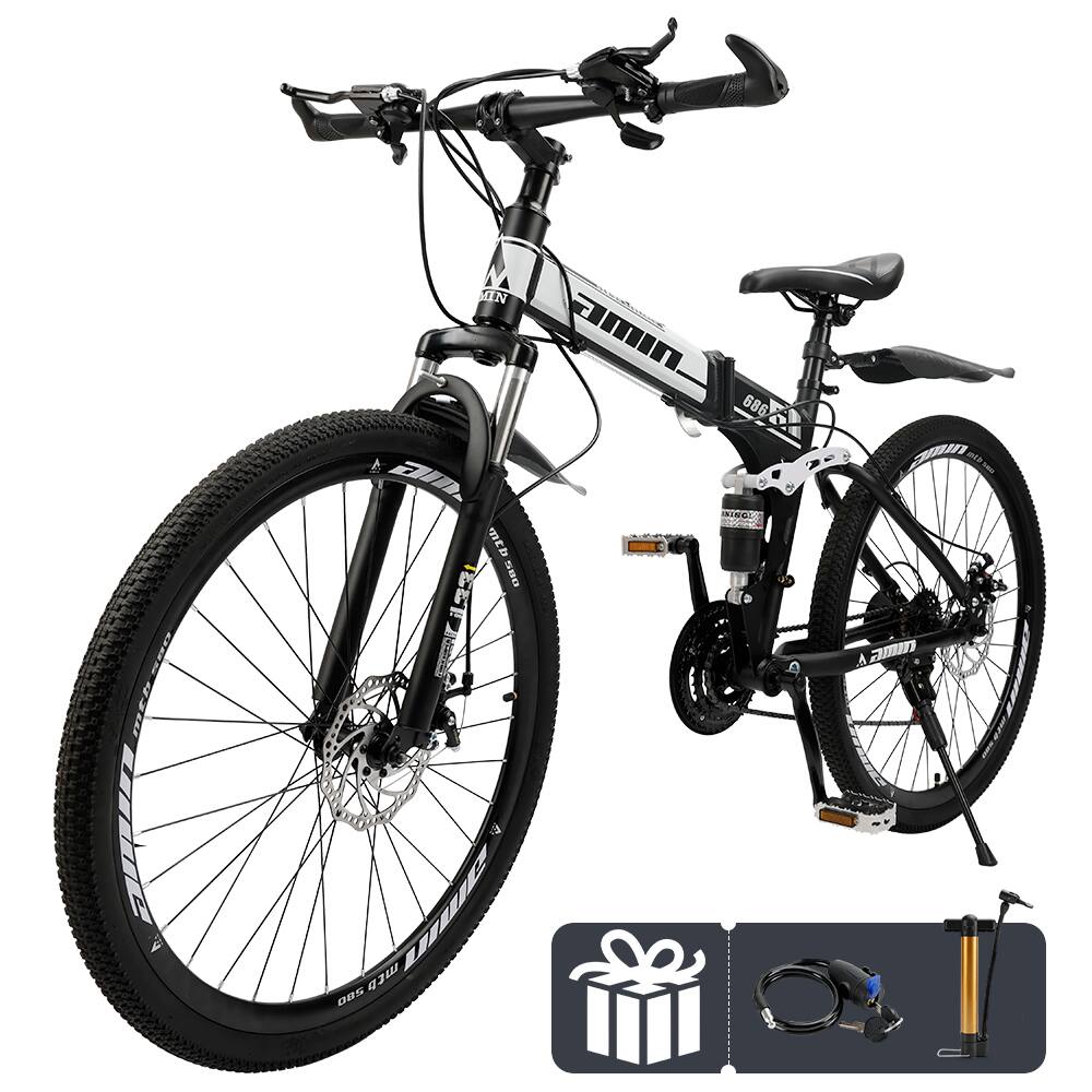 Topteng - 26" 21-Speed Folding Mountain Bike- Full Suspension,Disc Brakes,High-Carbon Steel Frame, Adult All-Terrain Bicycle White - White&Black