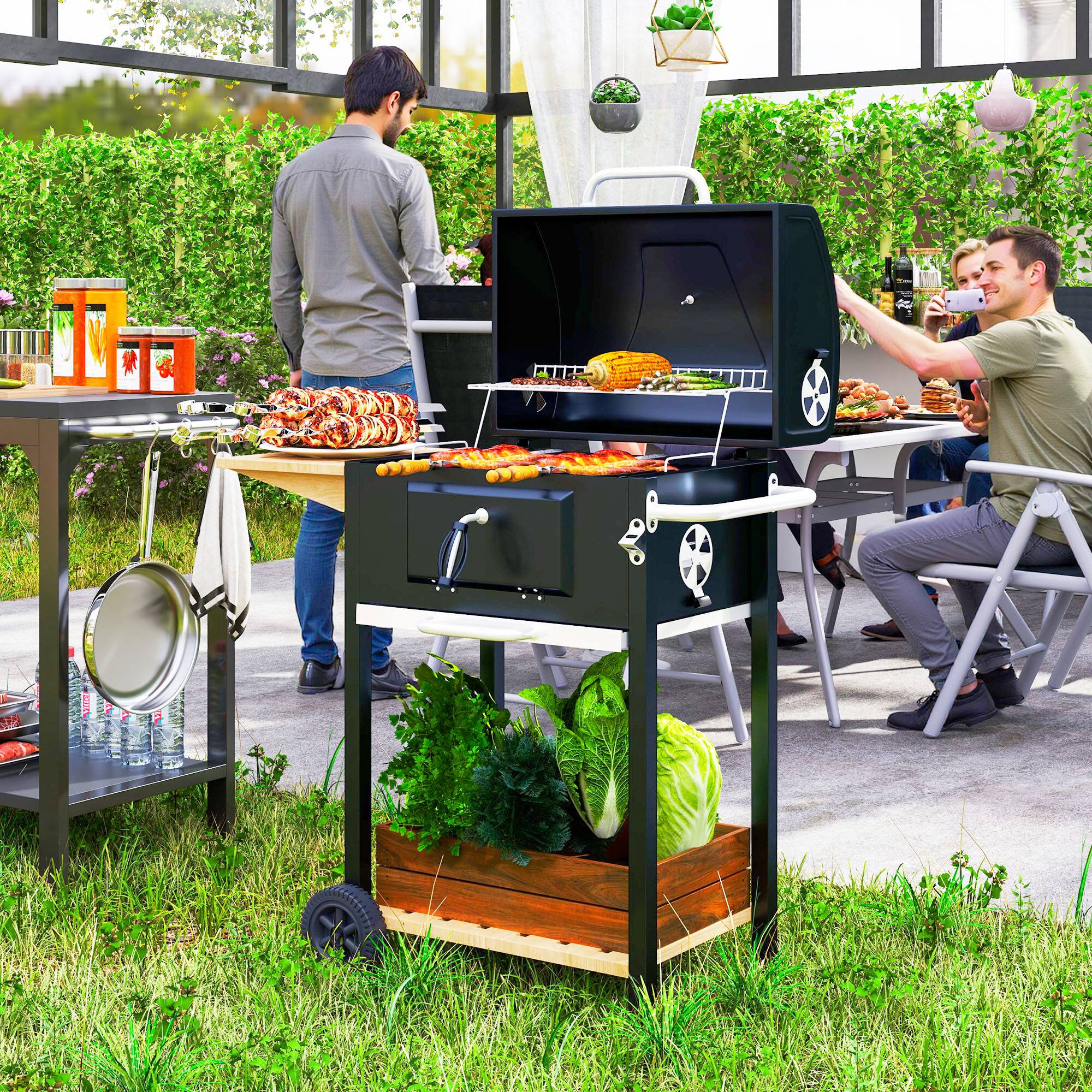 Alt View 1. Outsunny - Charcoal BBQ Grill, Outdoor Portable Cooker for Camping or Backyard Picnic, Barbecue Grill with Side Table - Black.