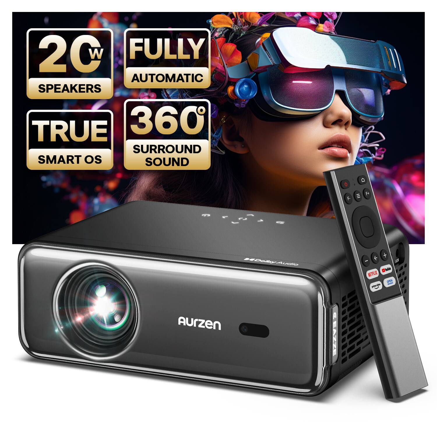 The text on the image reads: "20W Fully Automatic Speakers, True 360 Surround Sound, Smart OS, 3360 Surround Sound, Aurzen."