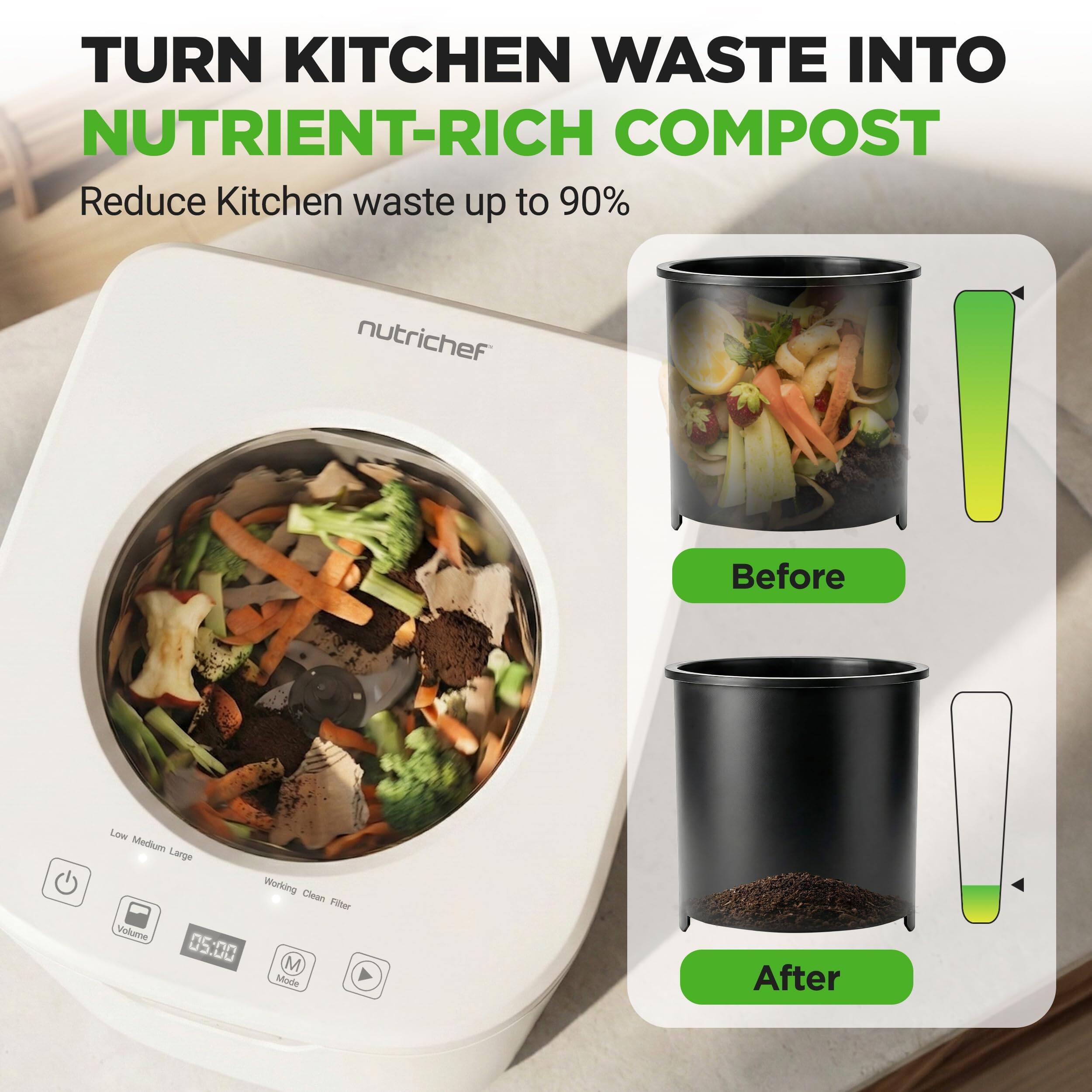 TURN KITCHEN WASTE INTO NUTRIENT-RICH COMPOST

Reduce Kitchen waste up to 90%

Before

After