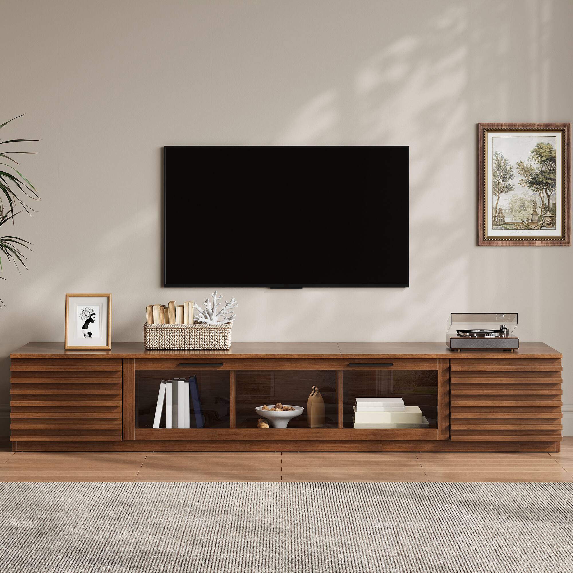Left. MERAVOM - Mid-Century Modern TV Stand for TVs Up to 80", Entertainment Center with Storage Cabinets and LED Light for Living Room - Walnut.