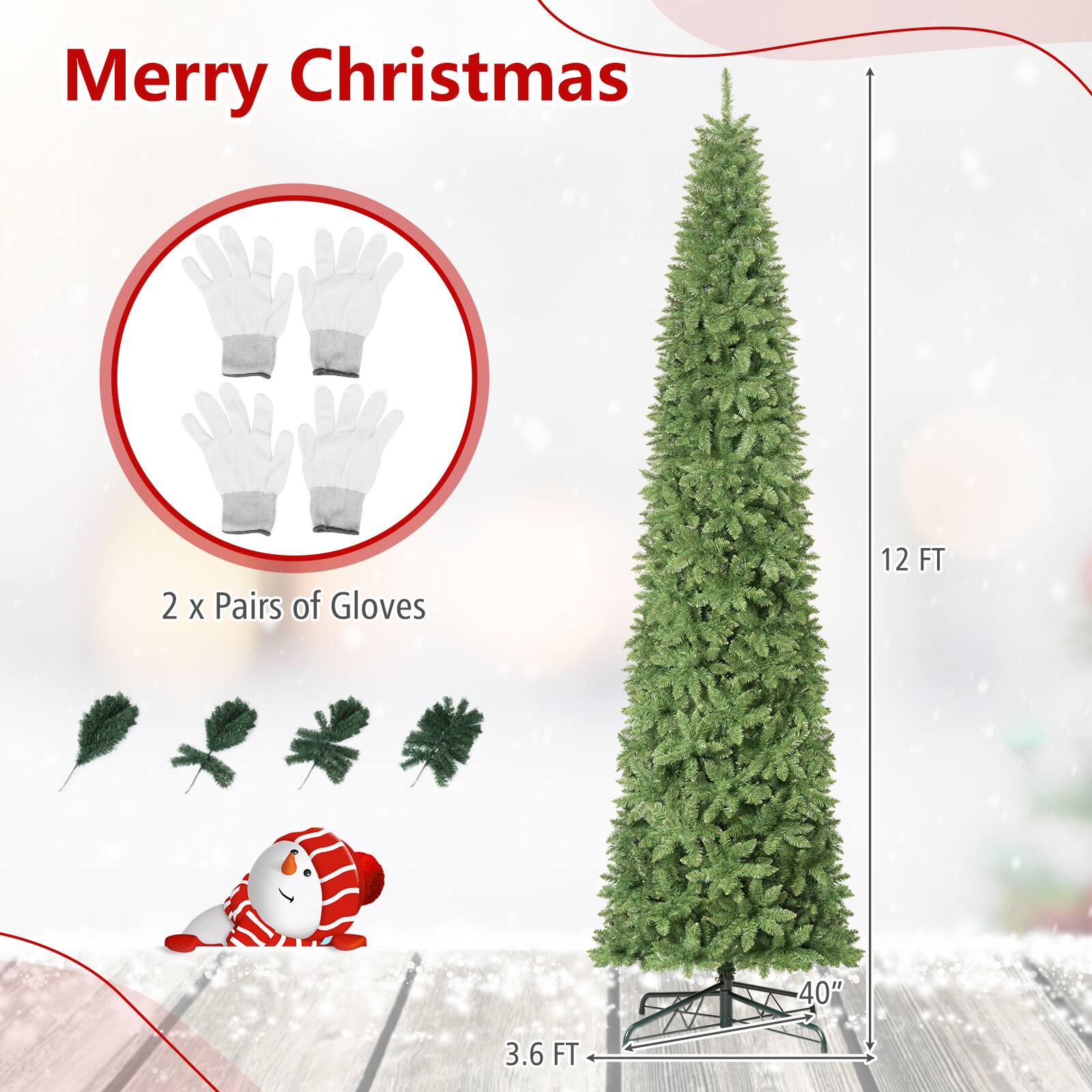 Costway 12 ft Pencil Fir Christmas Tree with 1818 Full Branch Tips ...