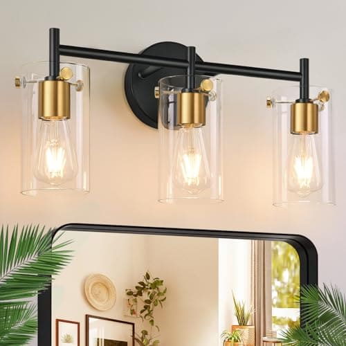 Earthley Blooms - Bathroom Light Fixtures 2023 Upgrade 3-light Matte Vanity Lights Over Mirror With Clear Glass Shade Wall - Black and Gold-3-Light
