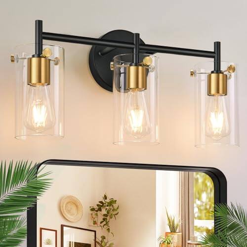 Earthley Blooms - Bathroom Light Fixtures 2023 Upgrade 3-light Matte Vanity Lights Over Mirror With Clear Glass Shade Wall - Black and Gold-3-Light