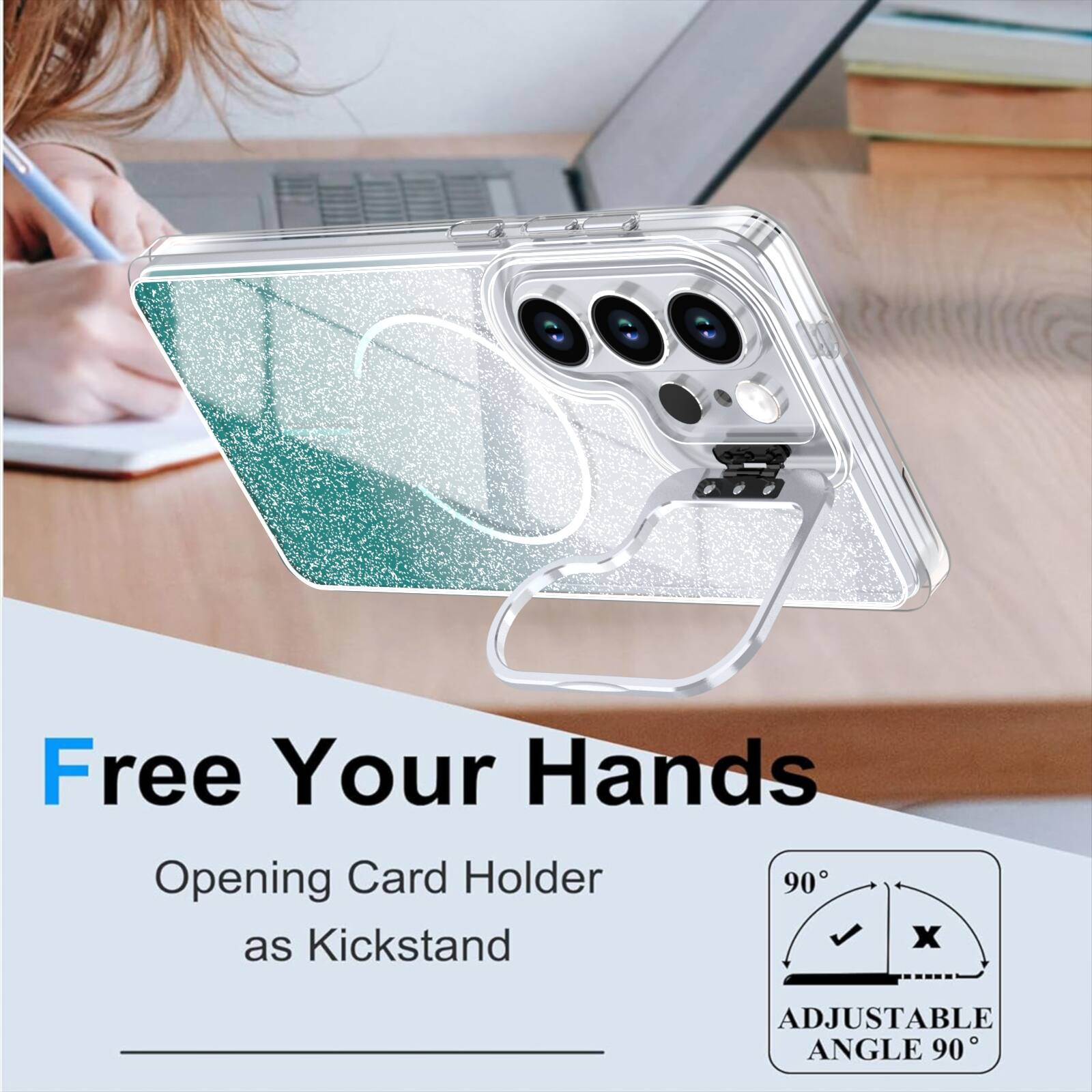 Free Your Hands  
Opening Card Holder as Kickstand  
ADJUSTABLE ANGLE 90°