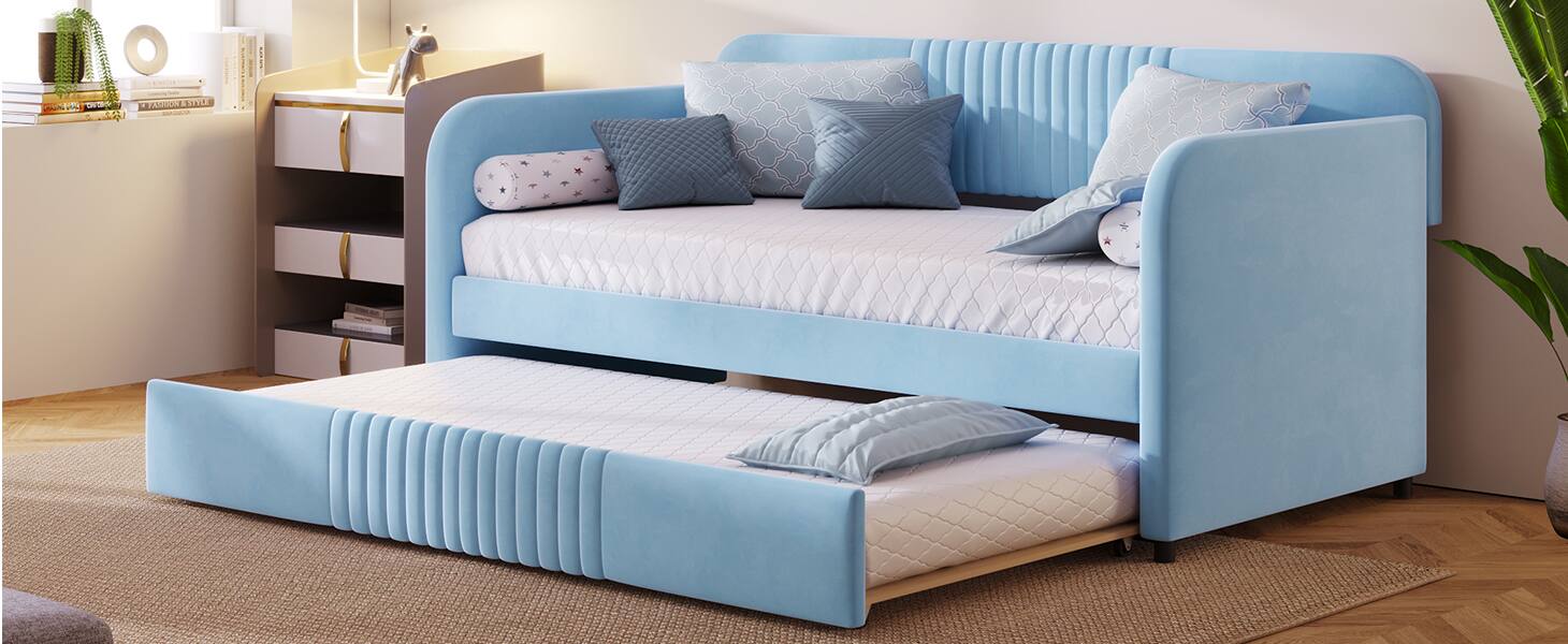 Alt View 10. Tiramisubest - Upholstered Daybed Sofa Bed Twin Size With Trundle Bed and Wood Slat, Light Blue - Light Blue.