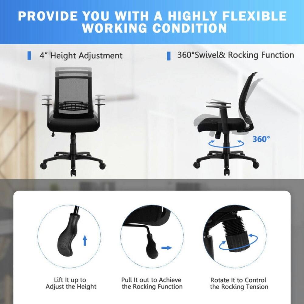 PROVIDE YOU WITH A HIGHLY FLEXIBLE WORKING CONDITION

- 4" Height Adjustment
- 360° Swivel & Rocking Function

Lift It up to Adjust the Height  
Pull It out to Achieve the Rocking Function  
Rotate It to Control the Rocking Tension