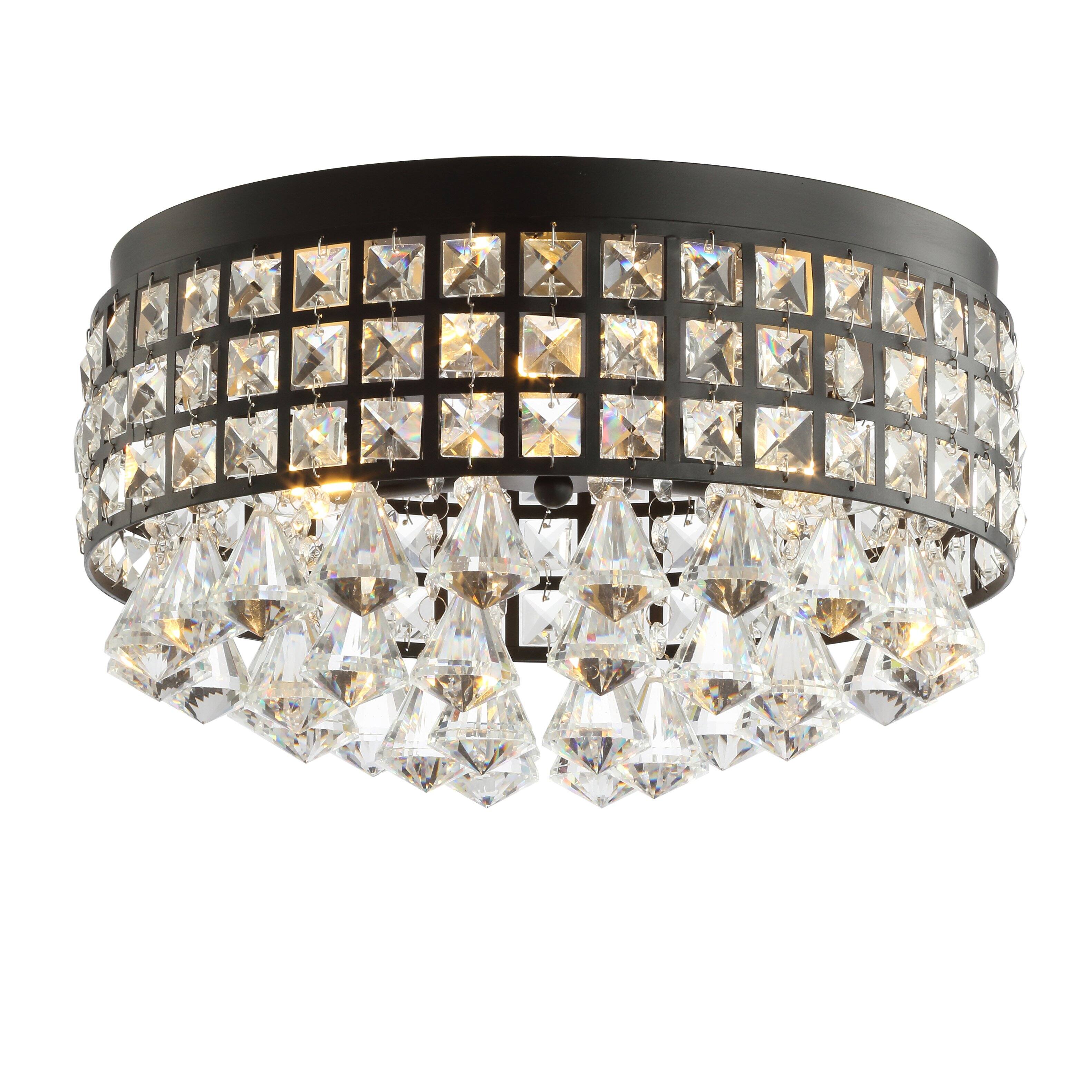 Jonathan Y - Meredith 14.5" 3-Light Crystal Drops/Metal LED Flush Mount, Black - Black/Clear