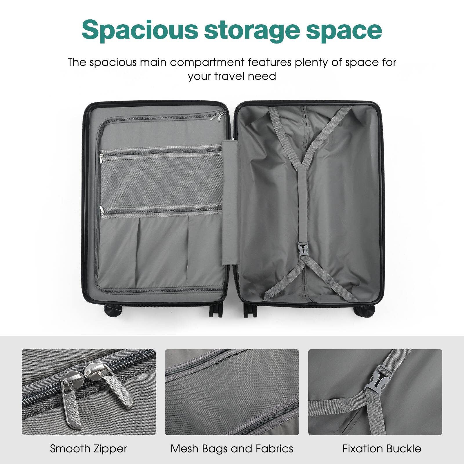 Spacious storage space

The spacious main compartment features plenty of space for your travel need

- Smooth Zipper
- Mesh Bags and Fabrics
- Fixation Buckle