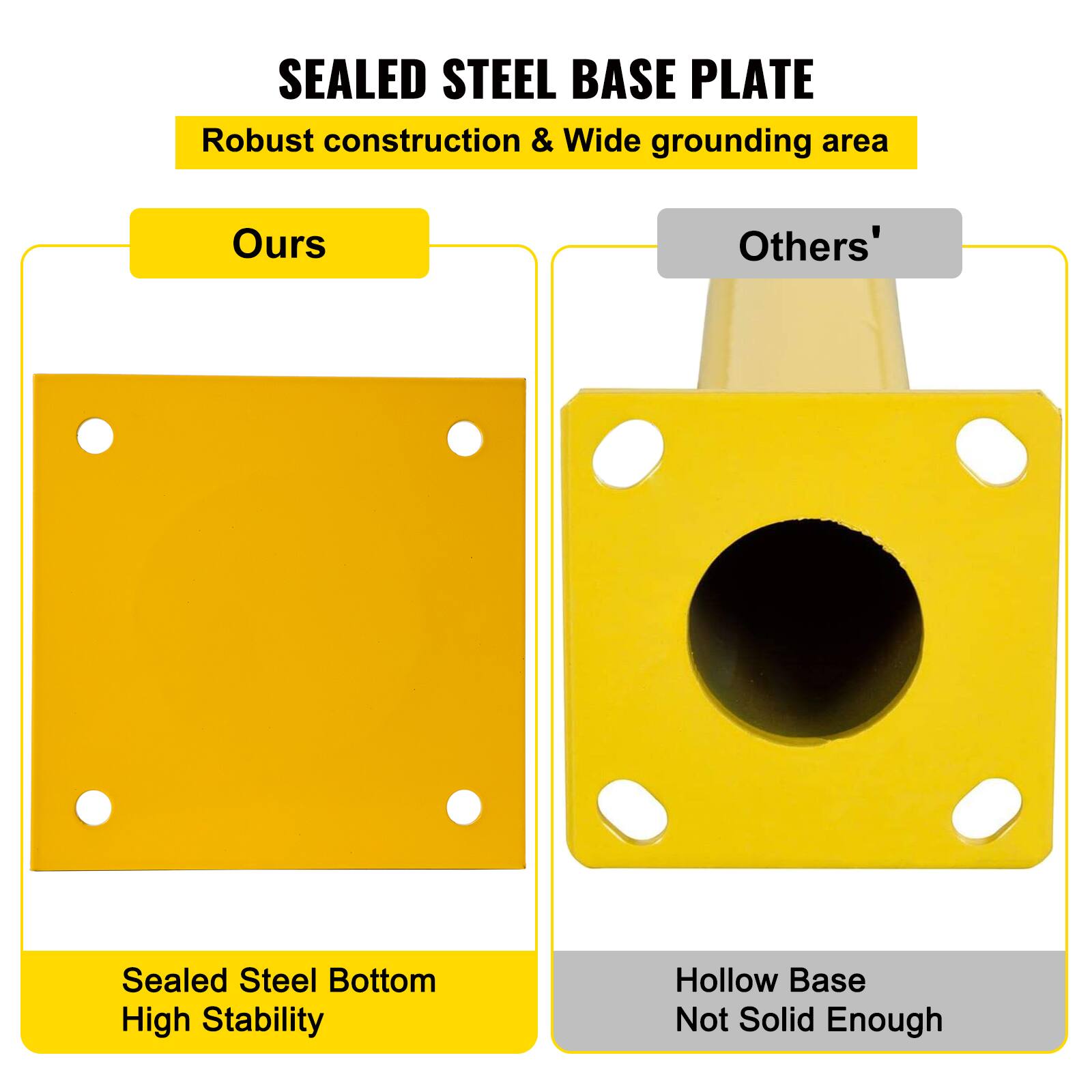SEALED STEEL BASE PLATE  
Robust construction & Wide grounding area  

Ours  
Sealed Steel Bottom  
High Stability  

Others'  
Hollow Base  
Not Solid Enough