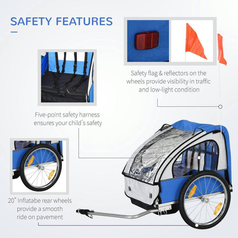 SAFETY FEATURES

- Safety flag & reflectors on the wheels provide visibility in traffic and low-light condition
- Five-point safety harness ensures your child's safety
- 20" Inflatable rear wheels provide a smooth ride on pavement