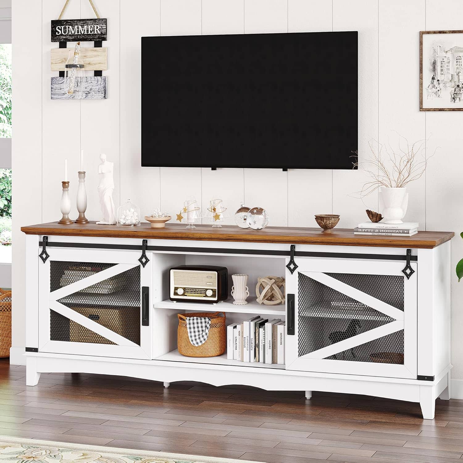 Acekool - Modern TV Stand for Living Room 65" Entertainment Center with Storage Sliding Barn Doors and Adjustable Shelf White - White + Brown