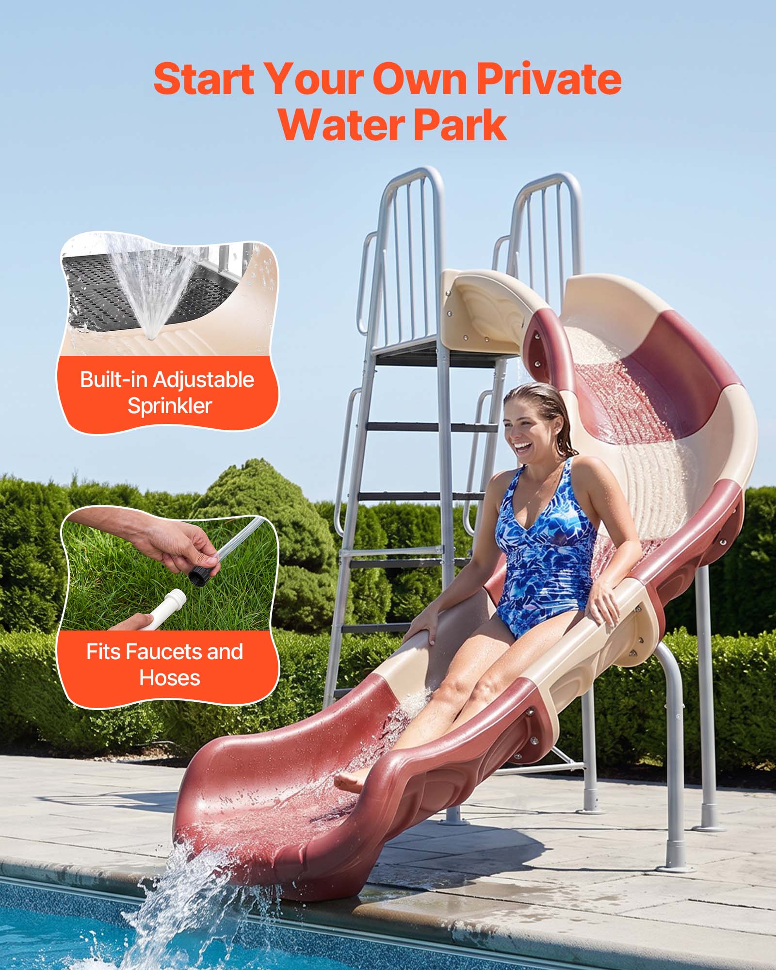 Start Your Own Private Water Park  
Built-in Adjustable Sprinkler  
Fits Faucets and Hoses